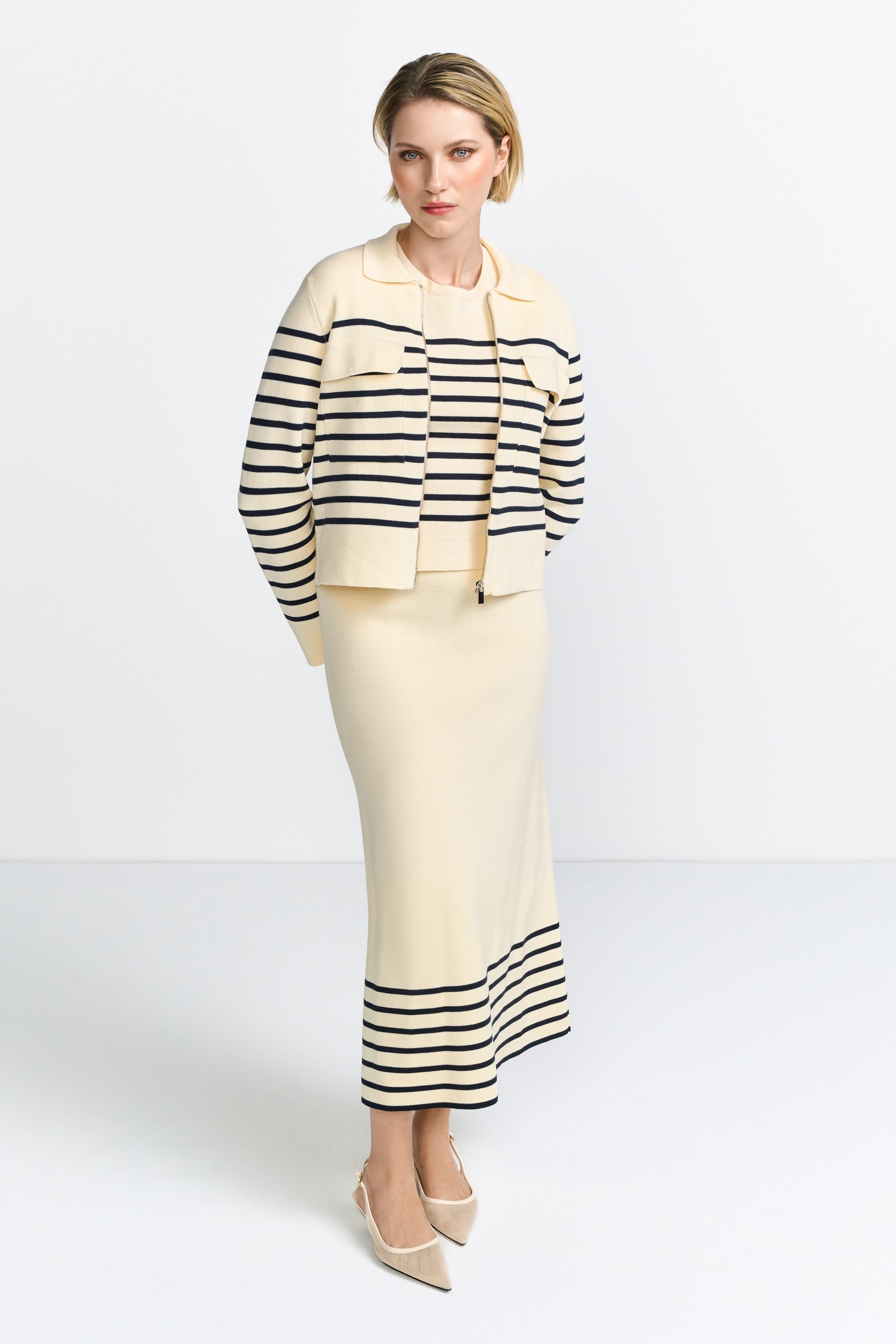 Rich & Royal Striped Knit Jacket Pearl White Maat: L | Korte Jassen Outlet | Dames | Beige