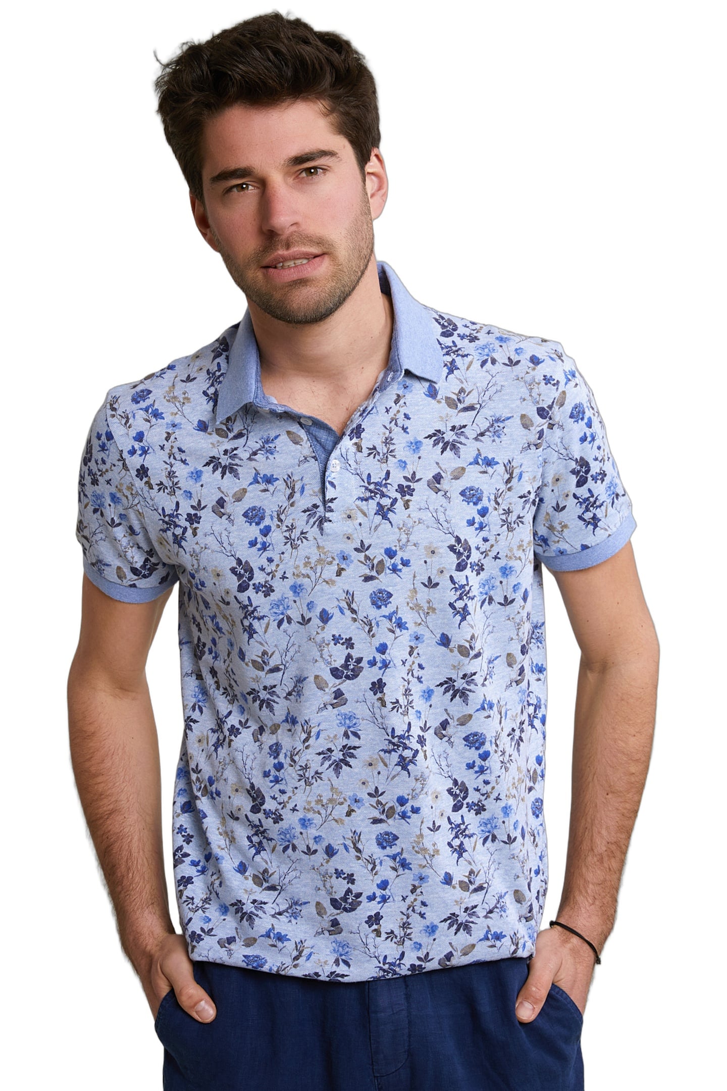 CUSTOM FIT COTTON-LINEN FLORAL POLO CHAMBRAY MIX 1