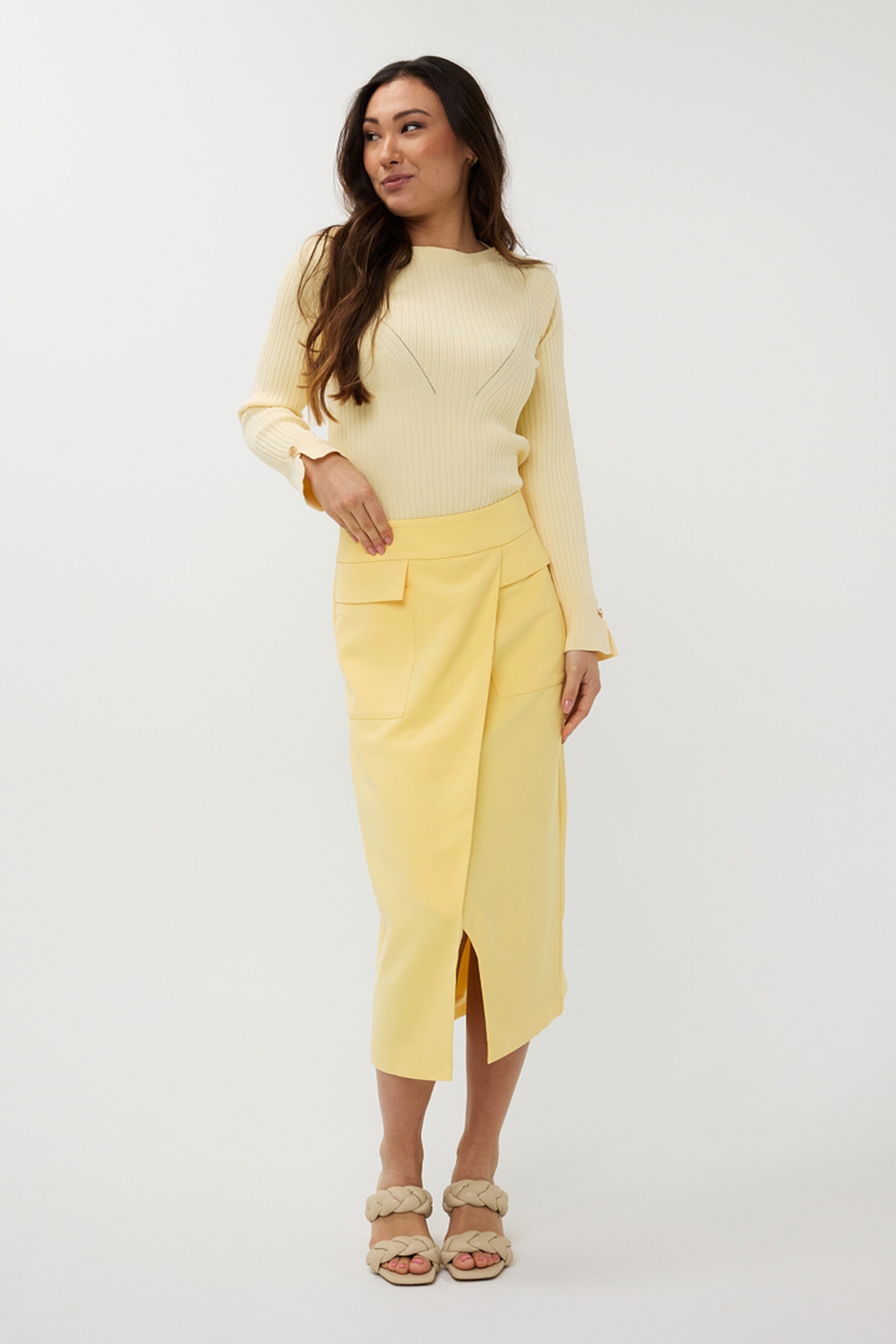 EsQualo Skirt Long City Yellow Maat: 36 | Midi Rokken Outlet | Dames | Geel
