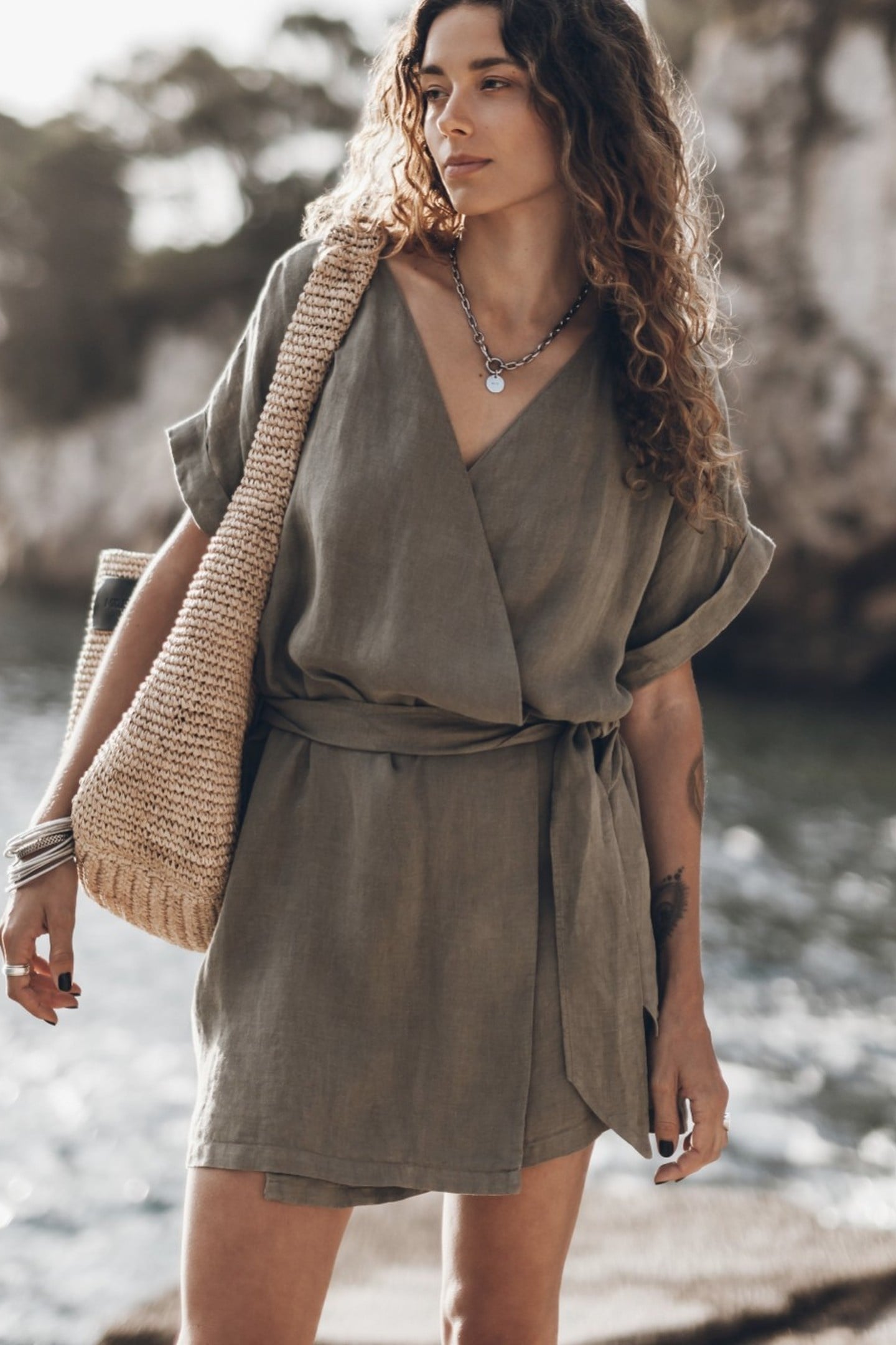 THE KHAKI LINEN KIMONO DRESS KHAKI 2