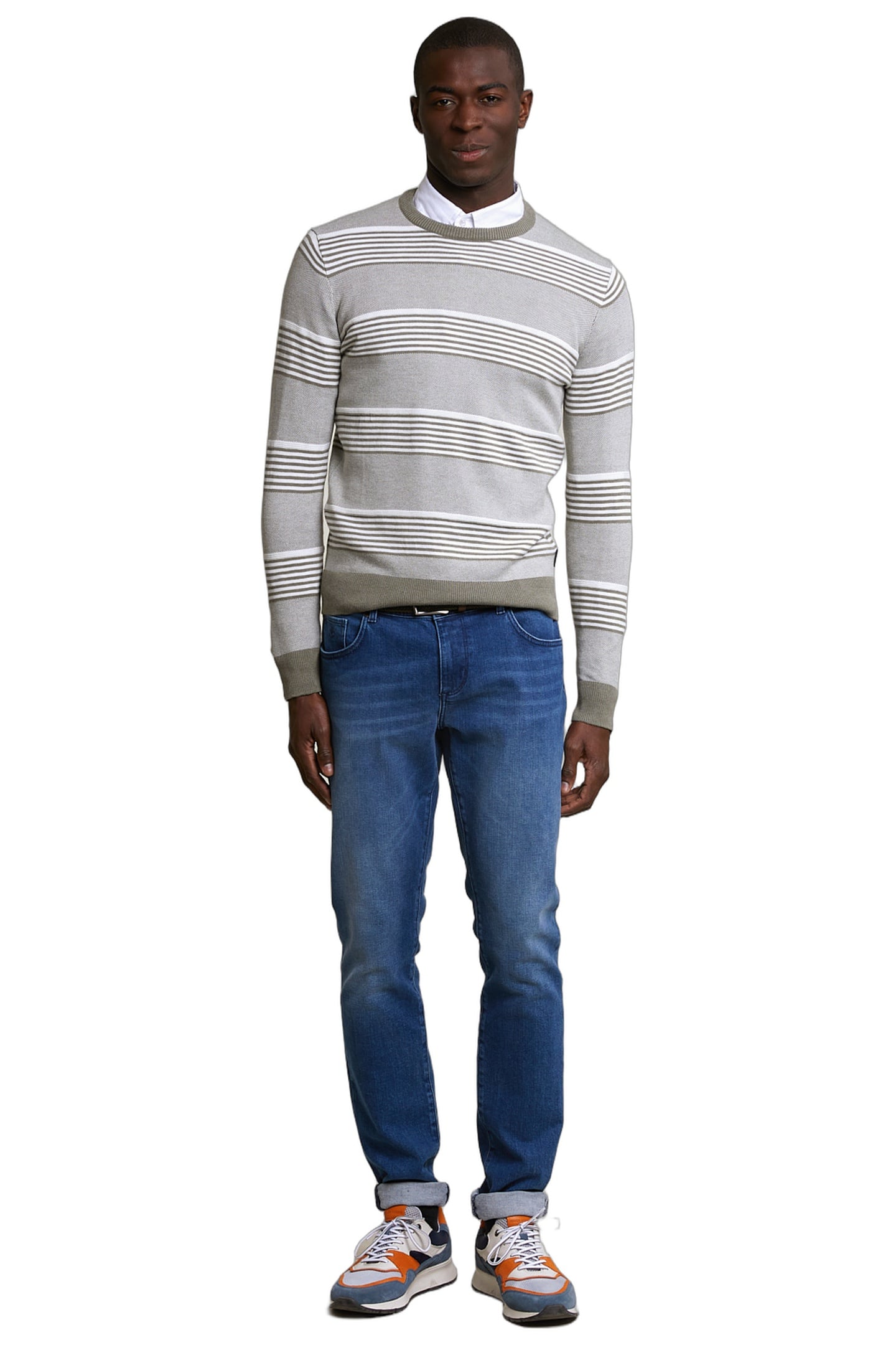 CUSTOM FIT COTTON STRIPED CREW NECK PULLOVER LT SAFARI GREEN 3