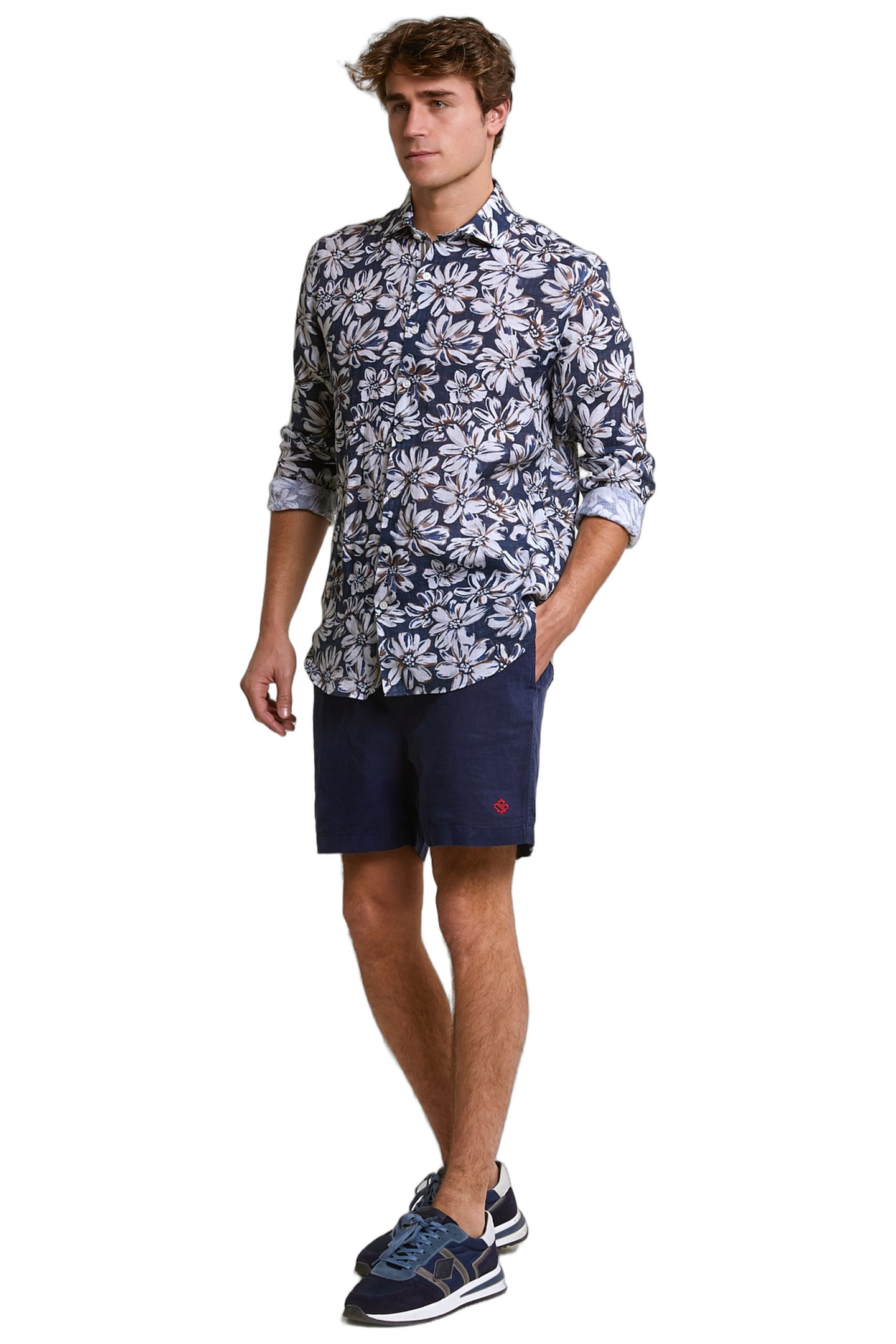 CUSTOM FIT LINEN FLORAL SHIRT BROWN/BLUE 2