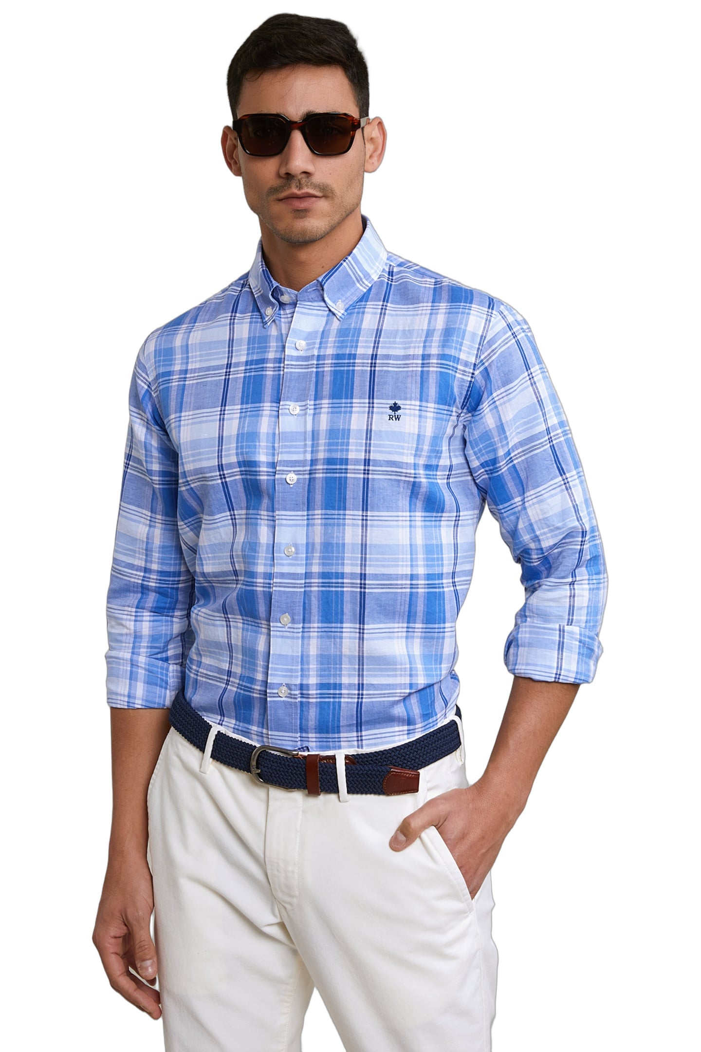 CUSTOM FIT COTTON-LINEN CHECKED SHIRT BLUE/WHITE 1