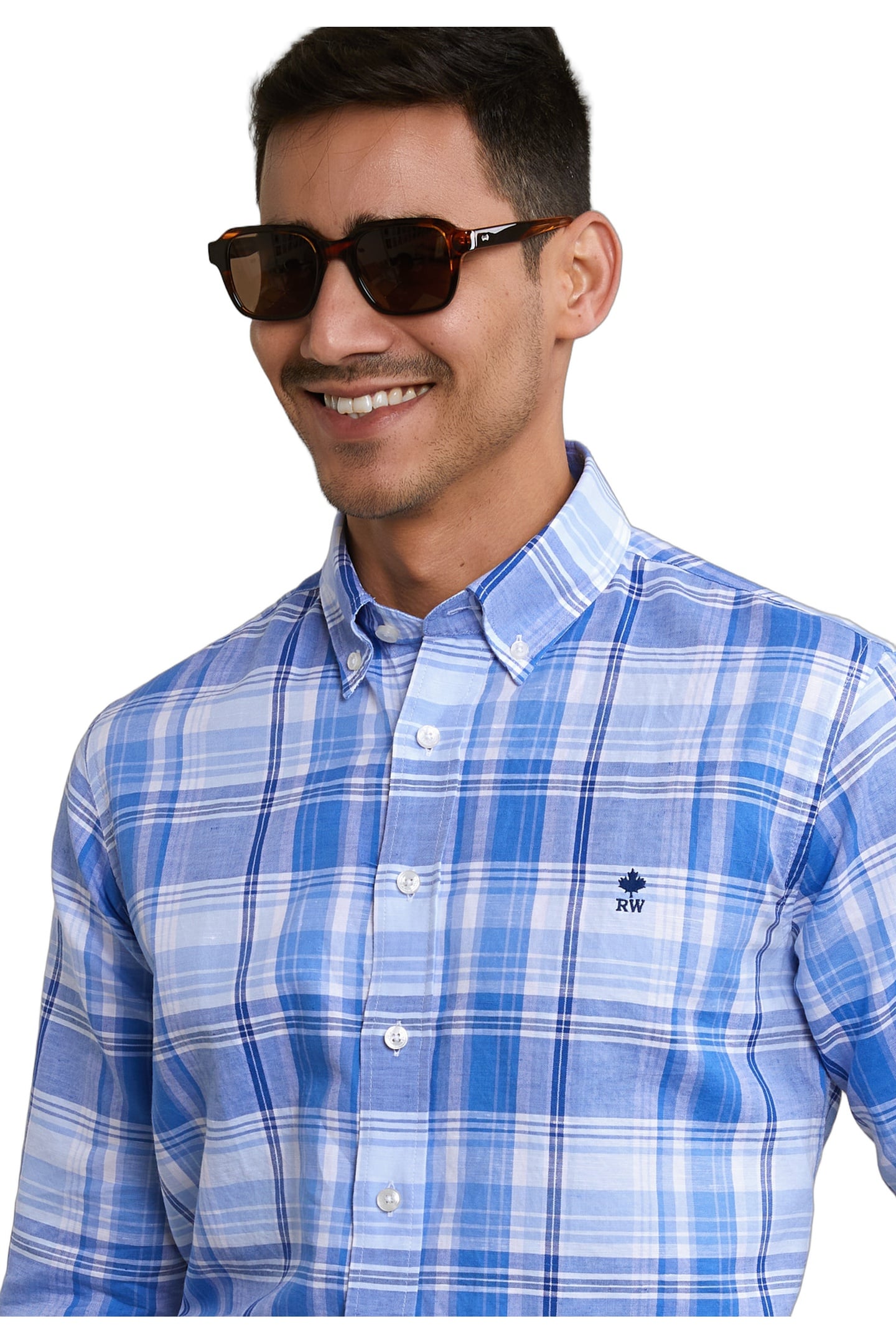 CUSTOM FIT COTTON-LINEN CHECKED SHIRT BLUE/WHITE 3