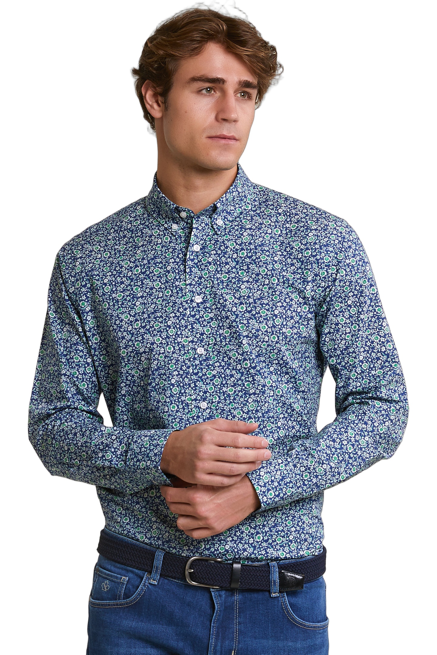 River Woods Slim Fit Floral Shirt Green/blue Maat: XL | Casual Overhemden Outlet | Heren | Blauw