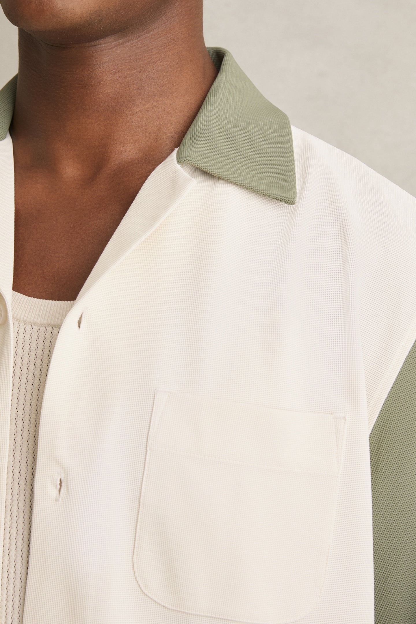 SS TEXTURED COLOUR BLOCK CUBAN SHIRT OFF WHITE/SAGE 5