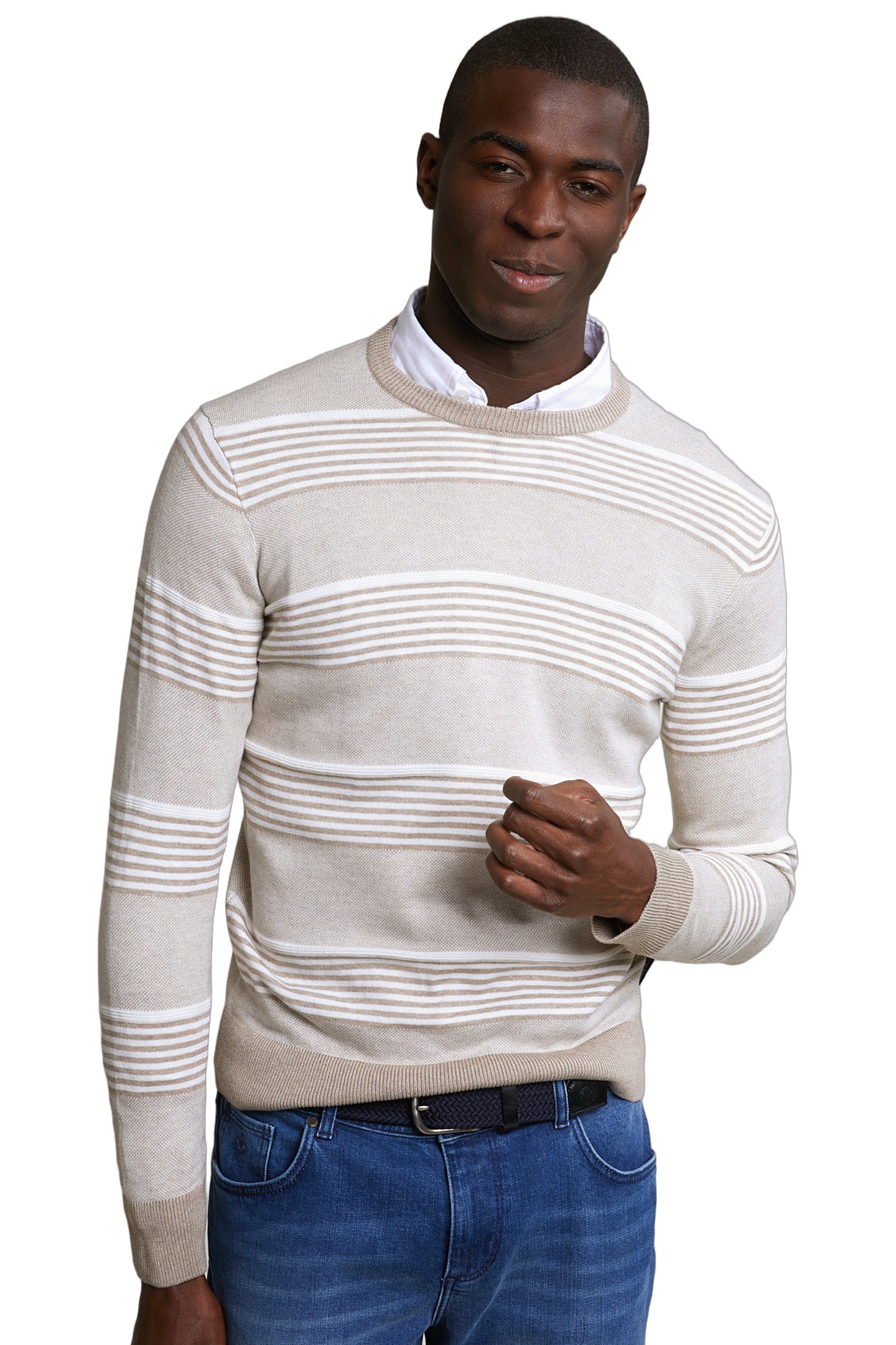CUSTOM FIT COTTON STRIPED CREW NECK PULLOVER OLD WOOD MIX 1