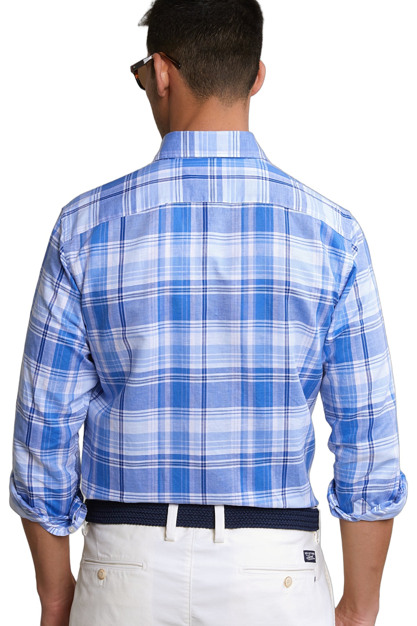 CUSTOM FIT COTTON-LINEN CHECKED SHIRT BLUE/WHITE 4