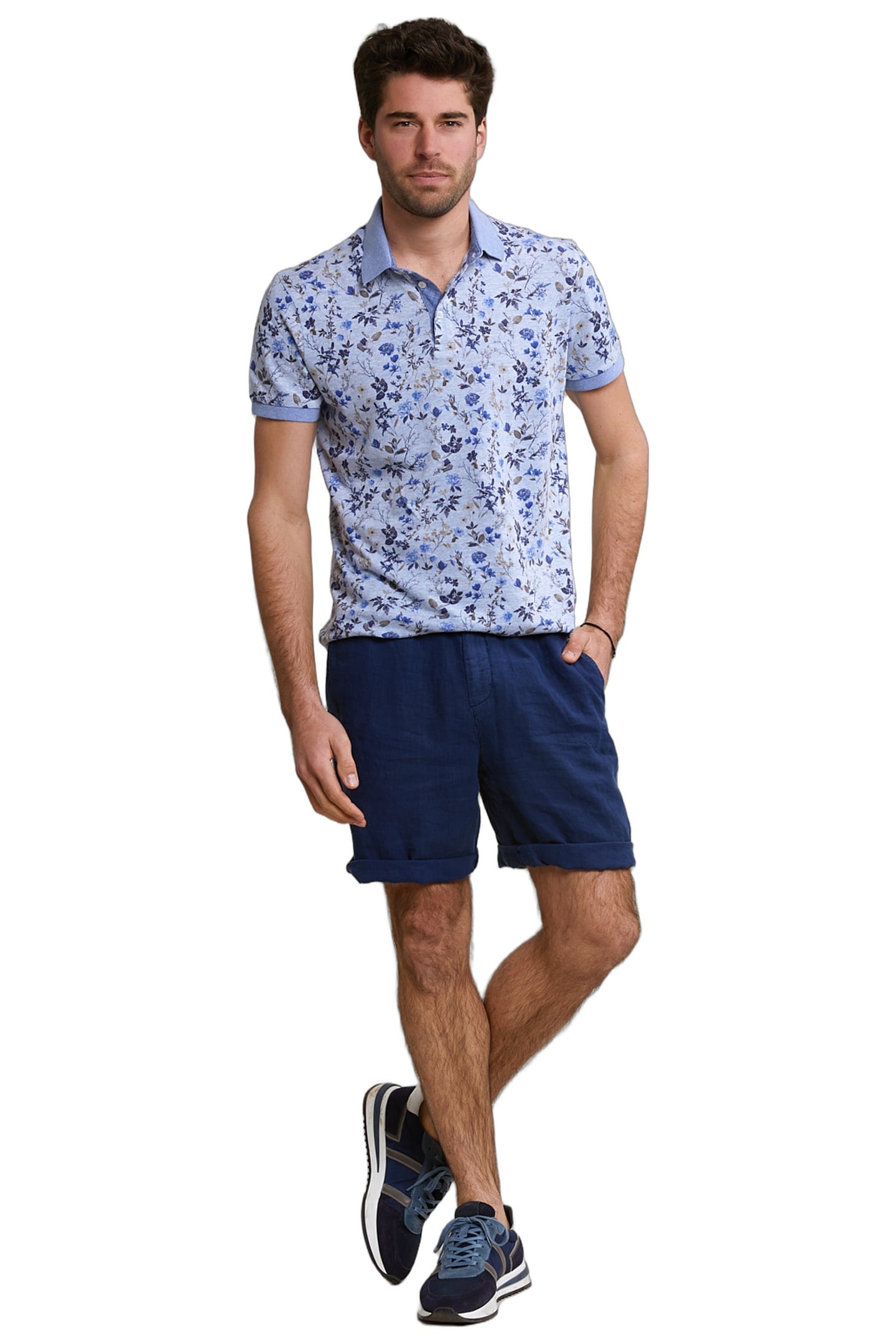 CUSTOM FIT COTTON-LINEN FLORAL POLO CHAMBRAY MIX 2