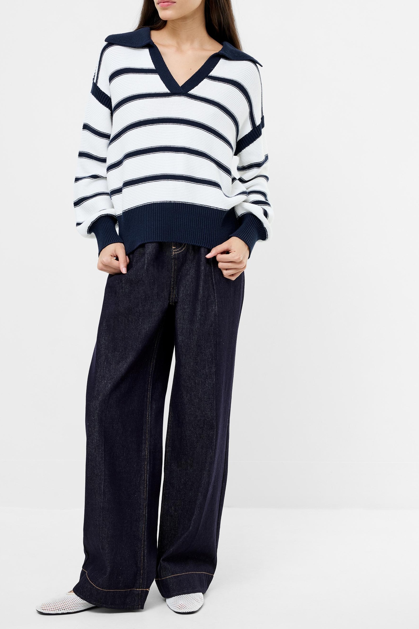 French Connection Lily Mozart Striped Polo Jumpe Navy Winter White Maat: XS | Sweaters Outlet | Dames | Blauw