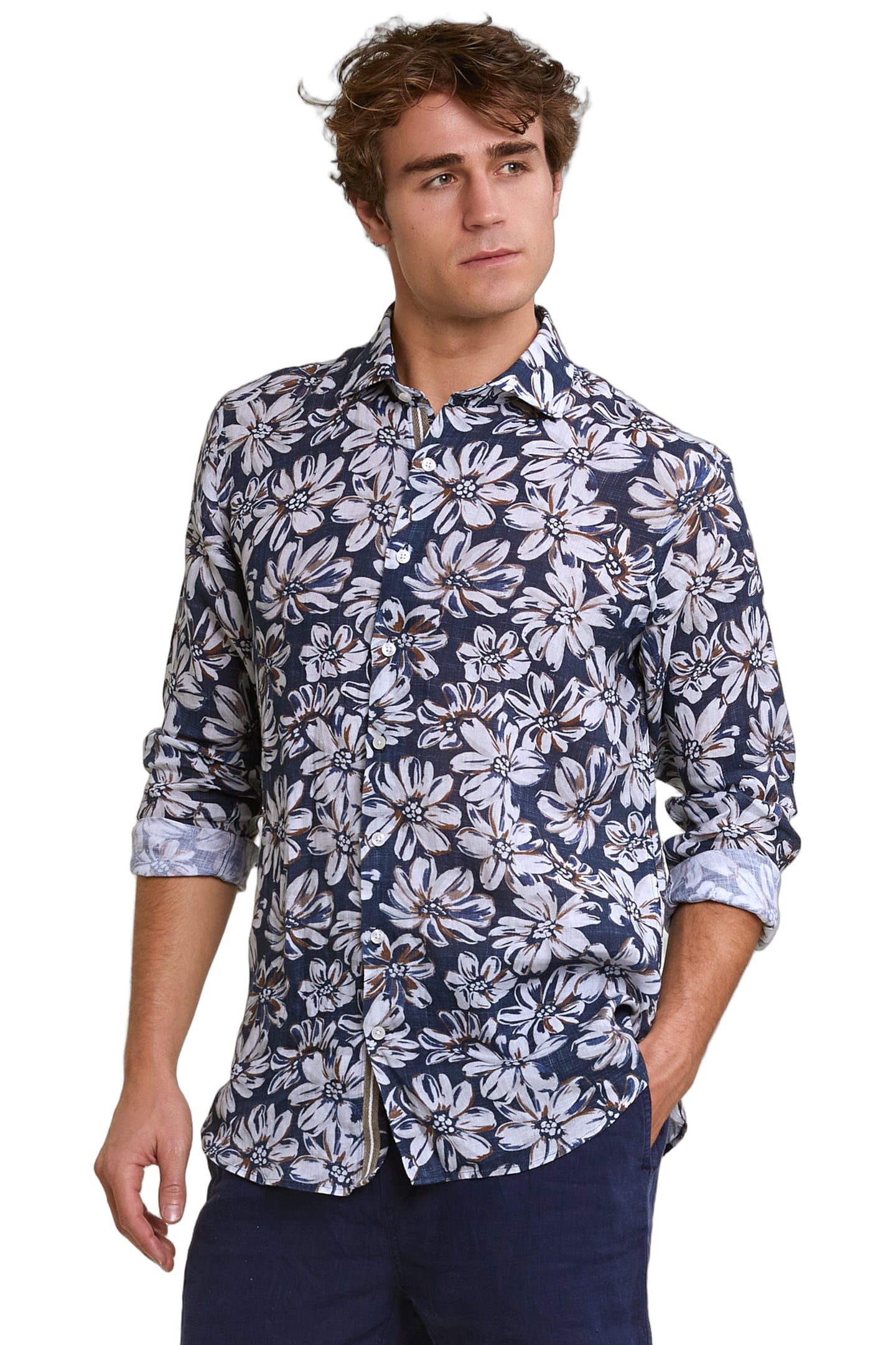 CUSTOM FIT LINEN FLORAL SHIRT BROWN/BLUE 1