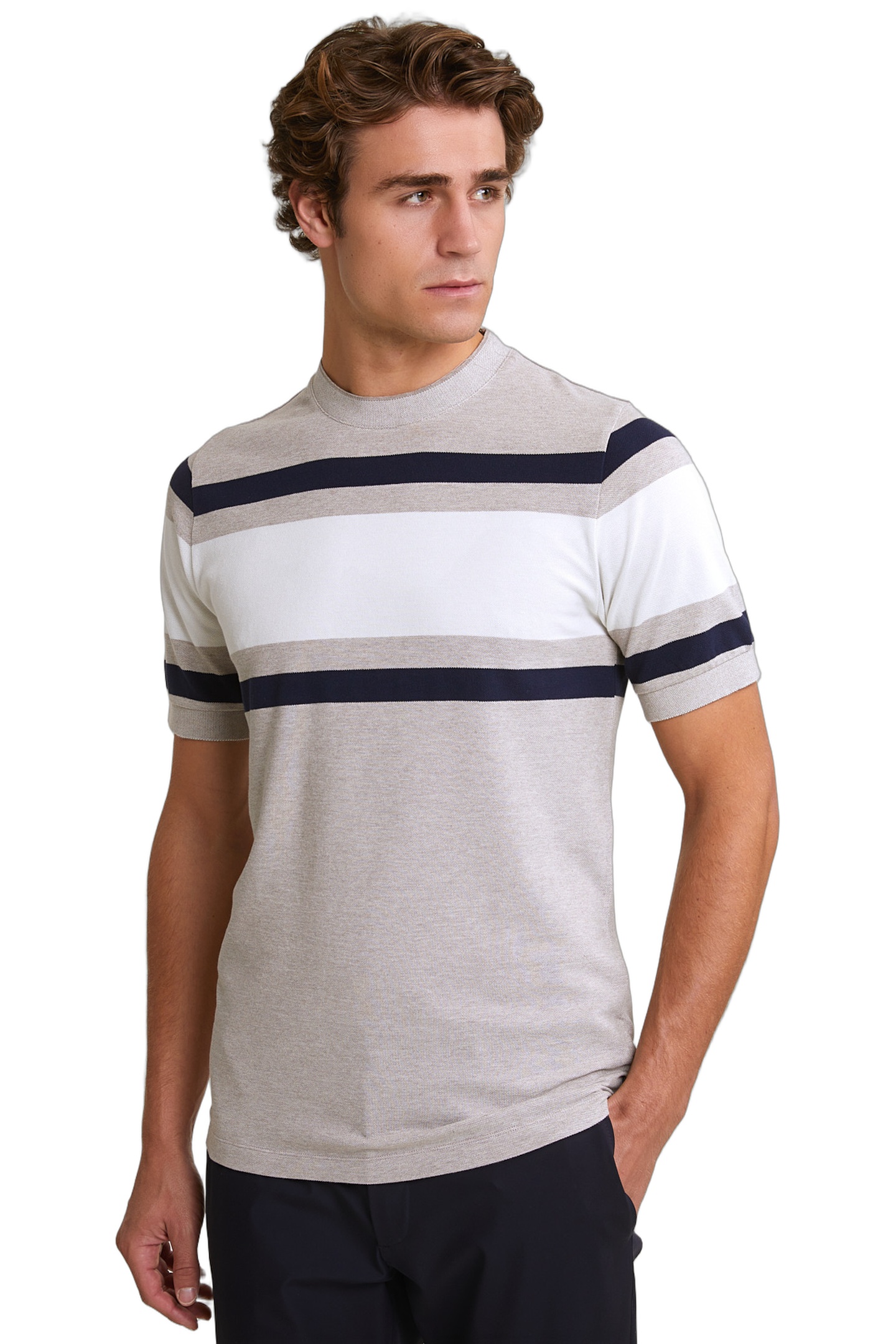 River Woods Custom Fit Sporty Striped T-shirt Old Wood Mix Maat: XXL | Basic T-Shirts Outlet | Heren | Beige