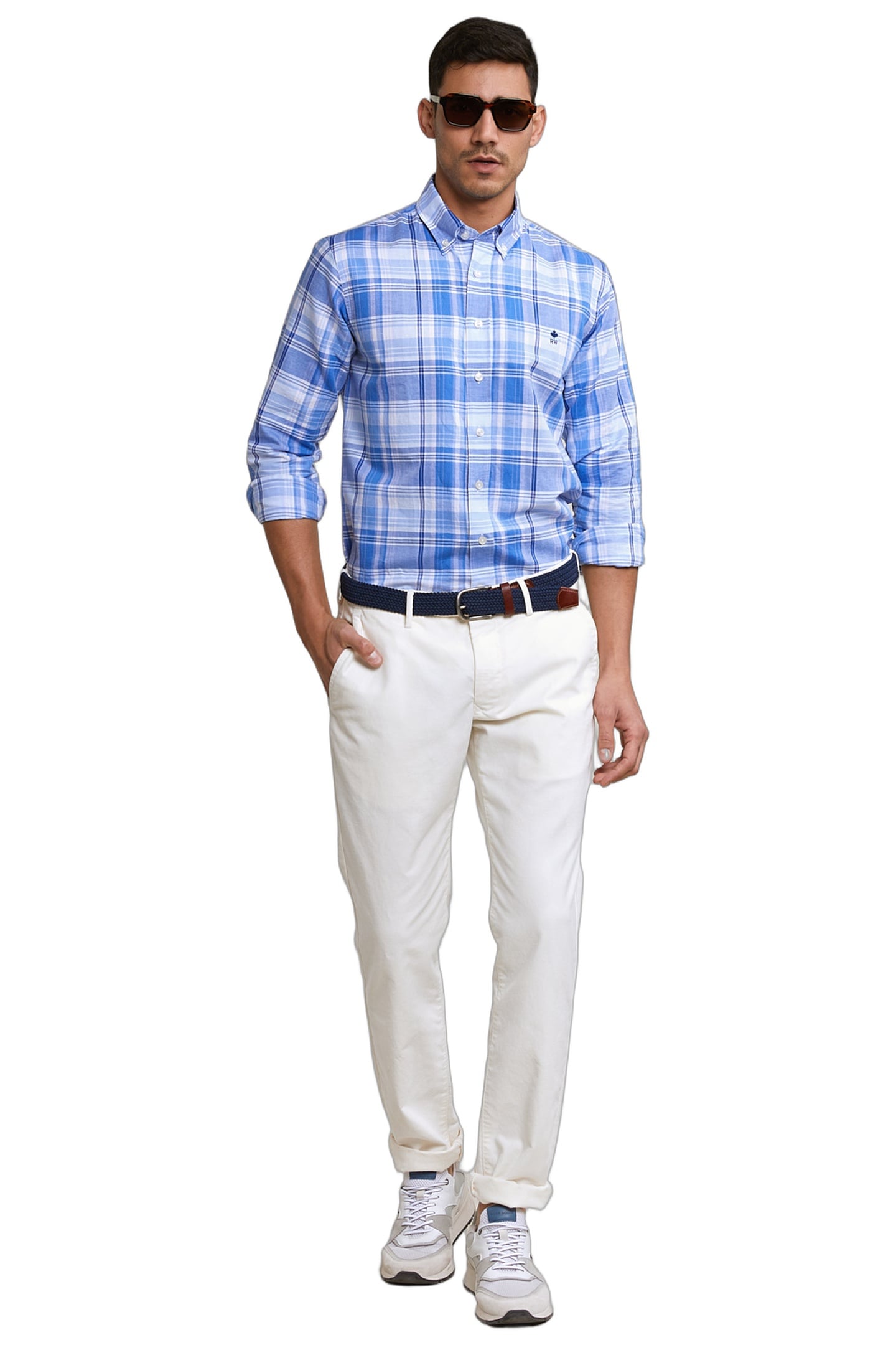 CUSTOM FIT COTTON-LINEN CHECKED SHIRT BLUE/WHITE 2