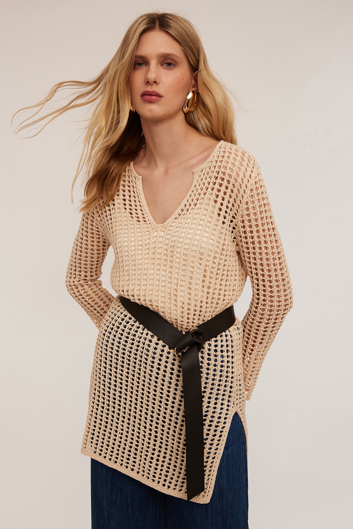 Motivi Crochet-effect Knitted Tunic Beige Maat: S | Longsleeves Outlet | Dames | Beige