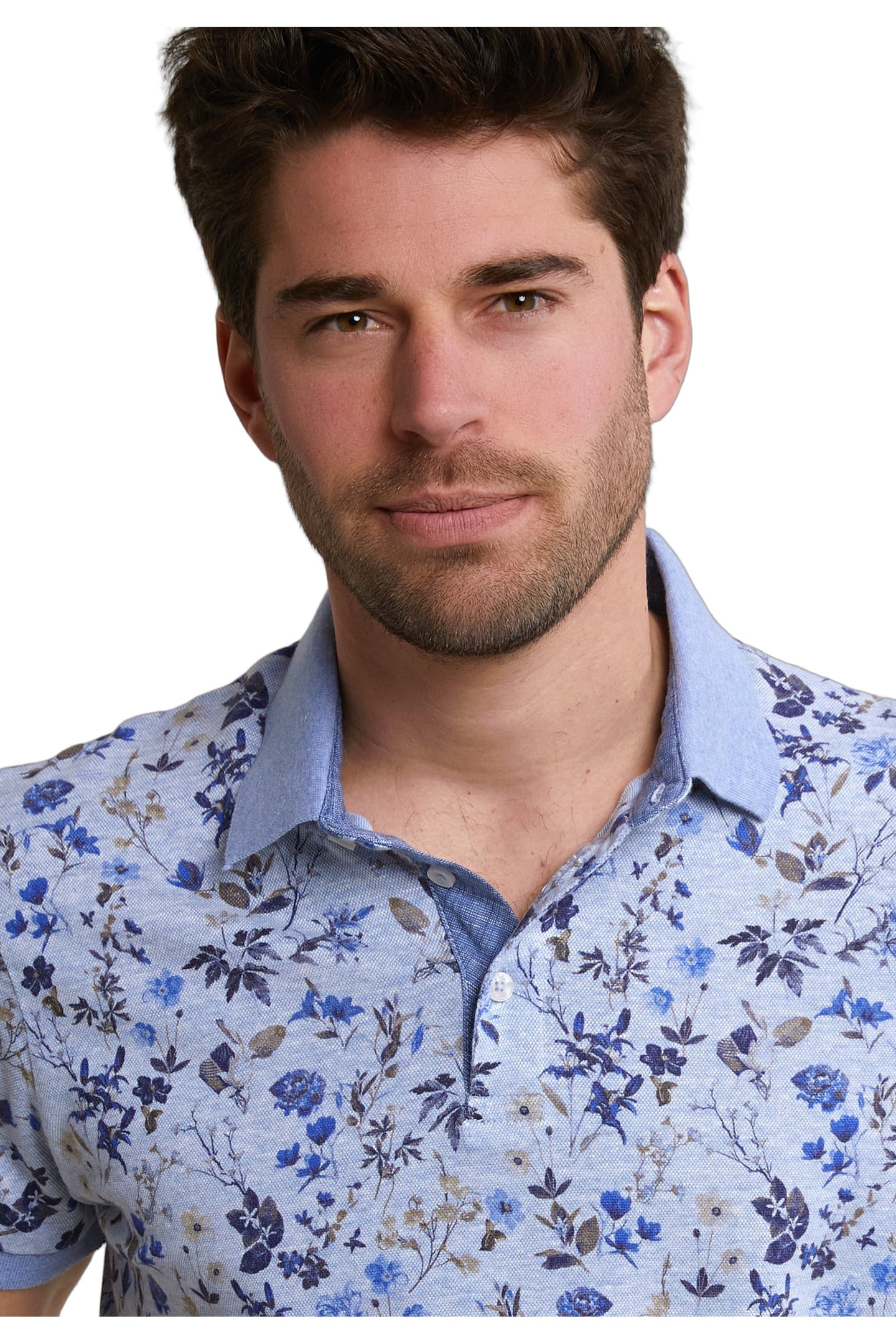 CUSTOM FIT COTTON-LINEN FLORAL POLO CHAMBRAY MIX 4