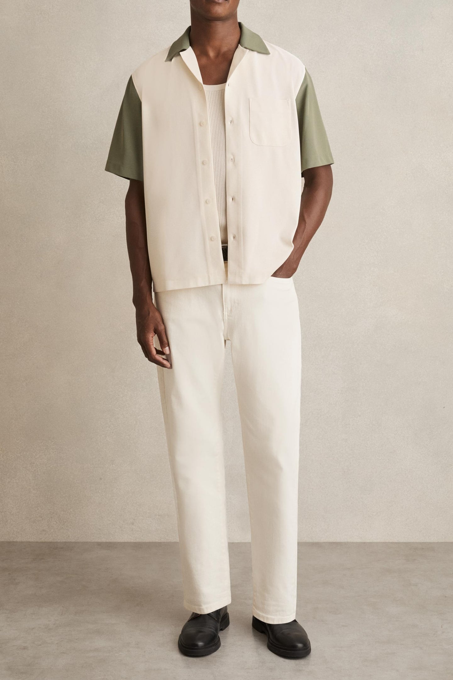 SS TEXTURED COLOUR BLOCK CUBAN SHIRT OFF WHITE/SAGE 2