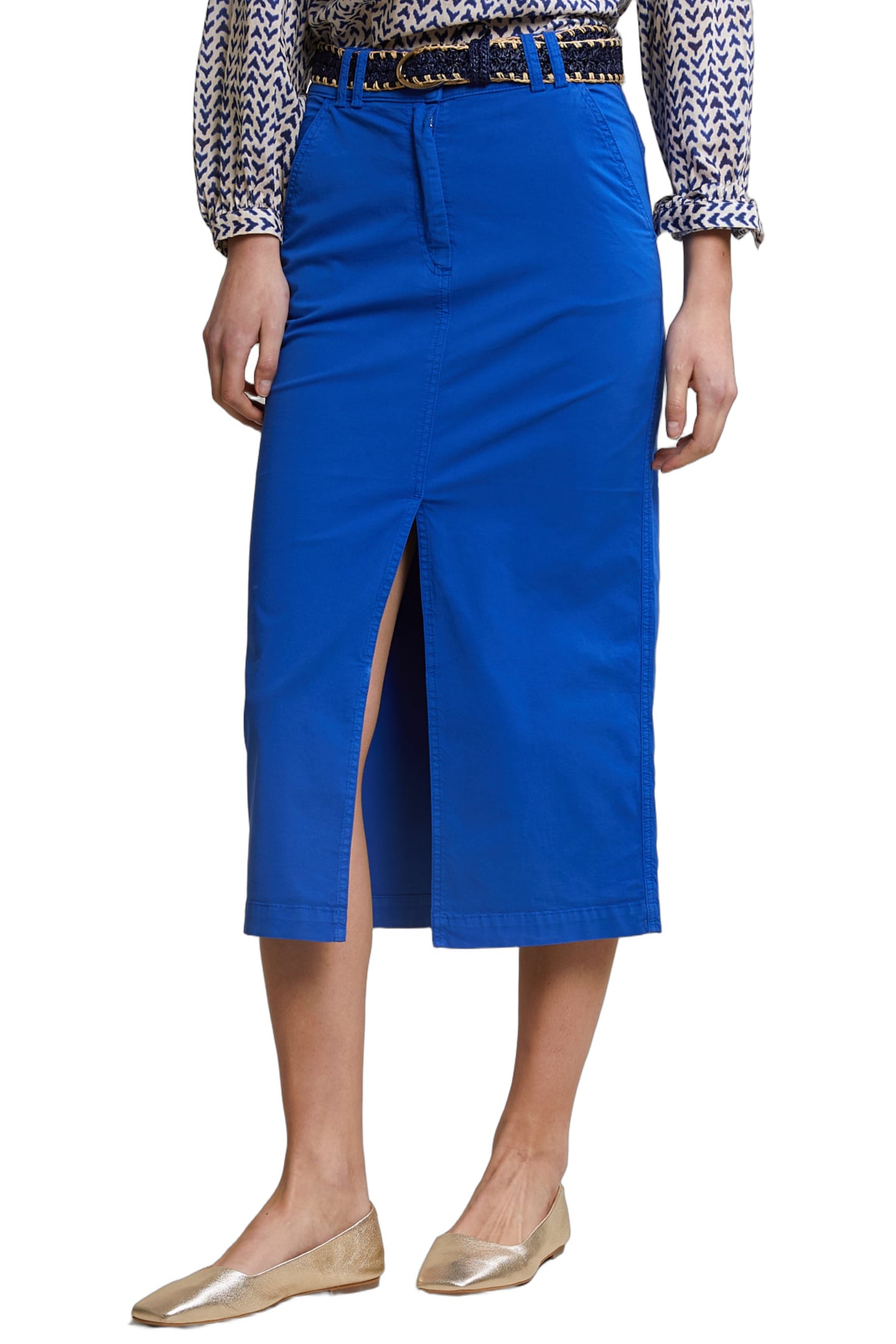 BLUE MIDI STRETCH SKIRT WITH SPLIT 1