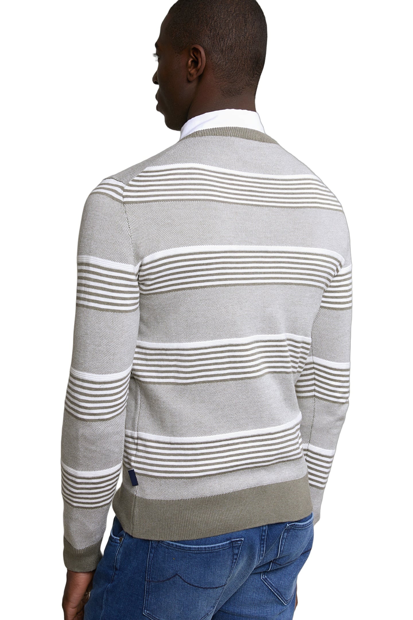CUSTOM FIT COTTON STRIPED CREW NECK PULLOVER LT SAFARI GREEN 4