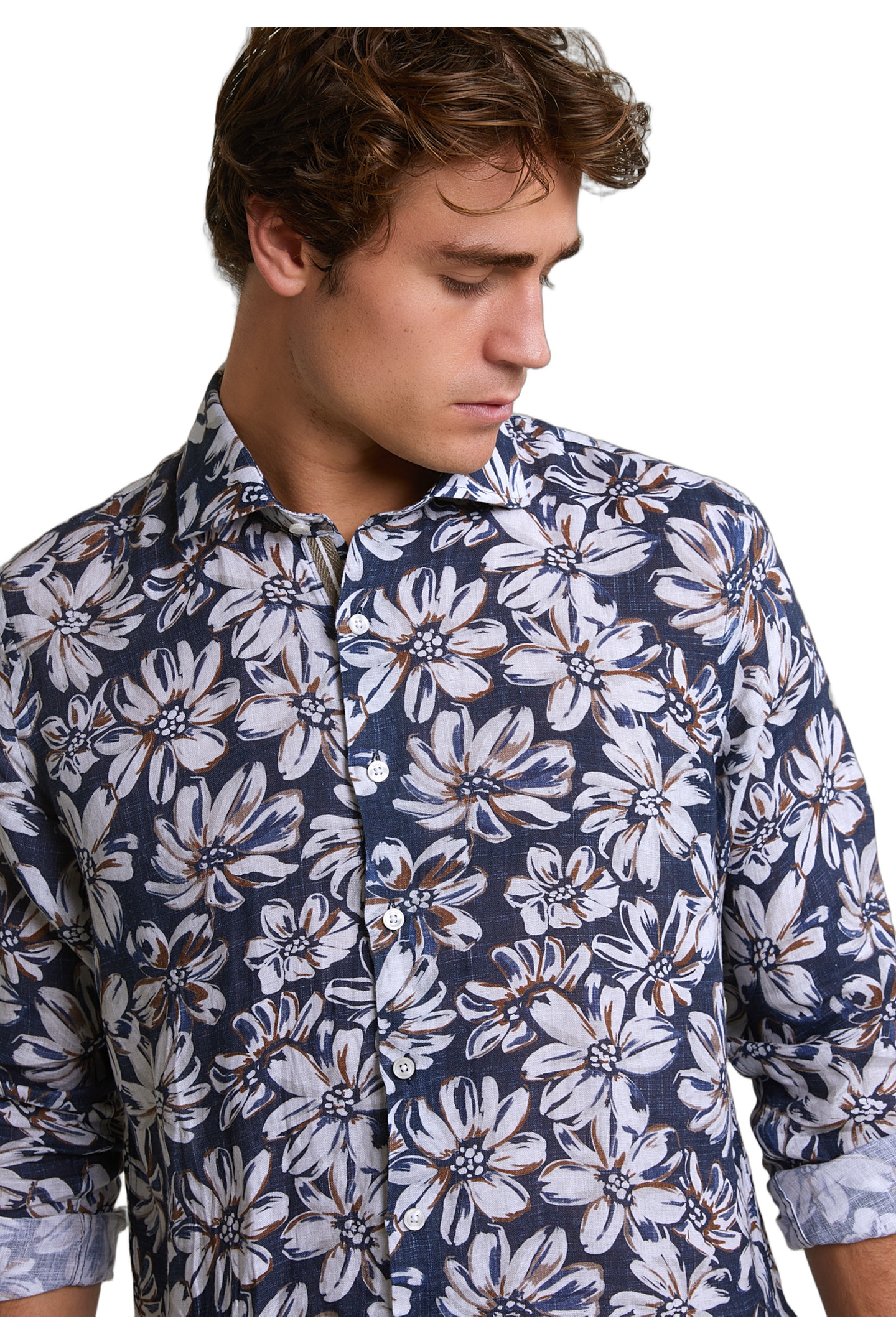 CUSTOM FIT LINEN FLORAL SHIRT BROWN/BLUE 3