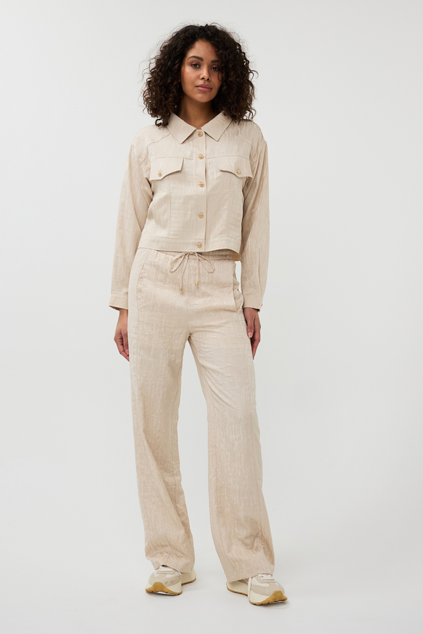 EsQualo Trousers Wide Jacquard Sand Maat: 34 | Wijde Broeken Outlet | Dames | Beige