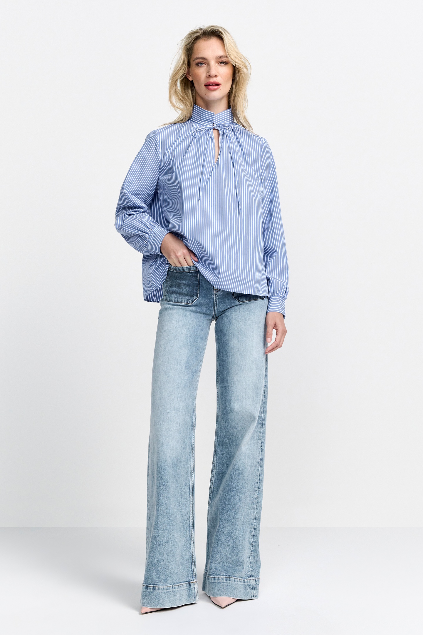 Rich & Royal Cotton Stripe Blouse Skyway Blue Maat: 38 | Longsleeves Outlet | Dames | Blauw