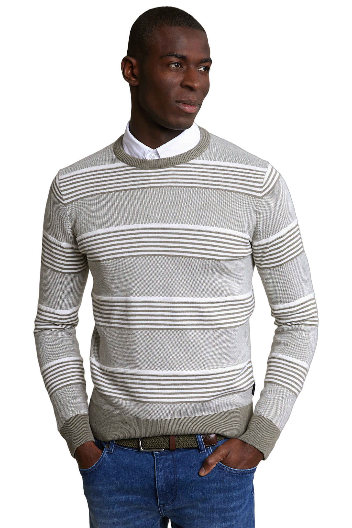 CUSTOM FIT COTTON STRIPED CREW NECK PULLOVER LT SAFARI GREEN 1