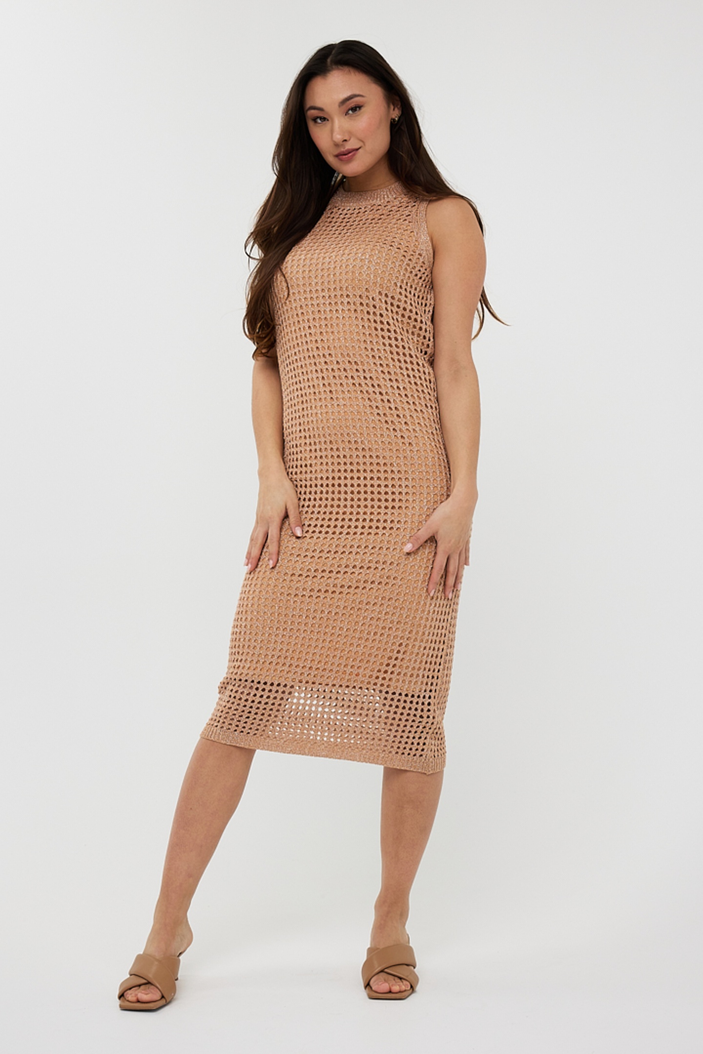 EsQualo Dress Open Knit Lurex Praline Maat: S | Midi Jurken Outlet | Dames | Beige