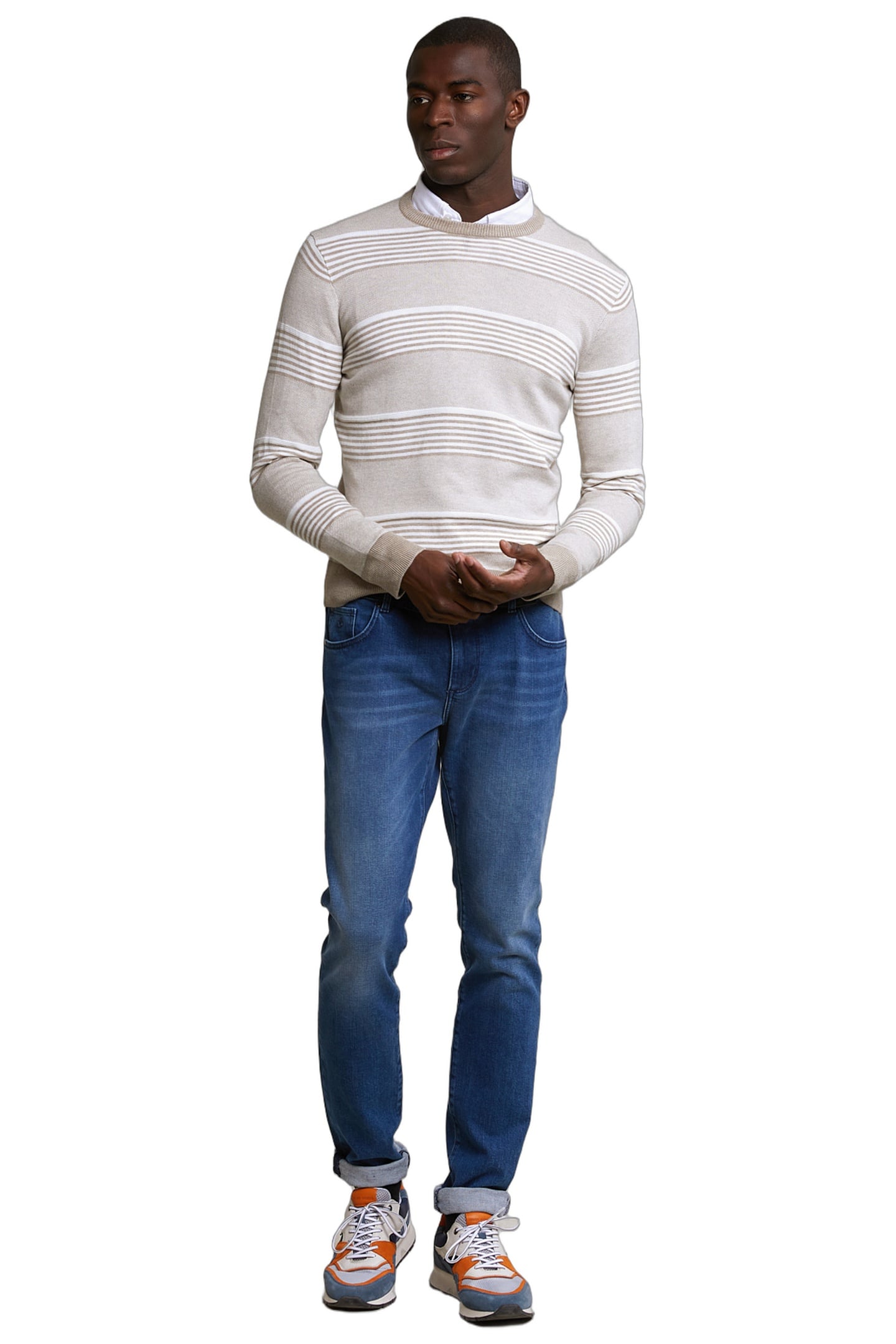 CUSTOM FIT COTTON STRIPED CREW NECK PULLOVER OLD WOOD MIX 3