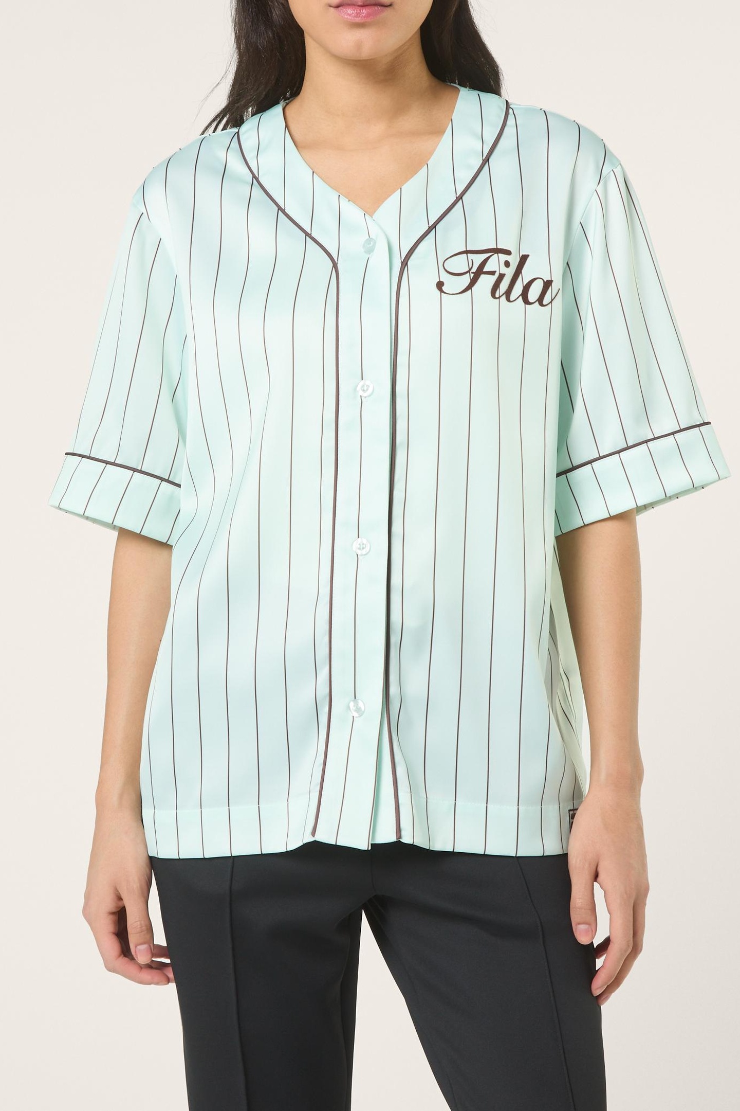 FILA Fiesole Boxy Pinstriped Satin Baseball Shirt Soothing Sea /  Maat: XL | Overhemden Outlet | Dames