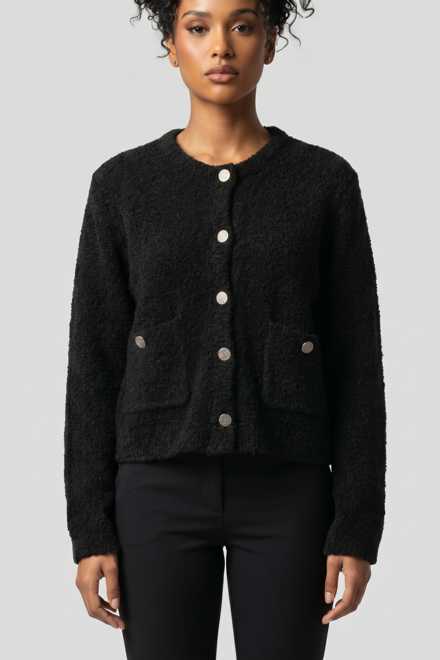 Rich & Royal Crew Neck Cardigan Bouclé Black Maat: XL | Korte Jassen Outlet | Dames | Zwart