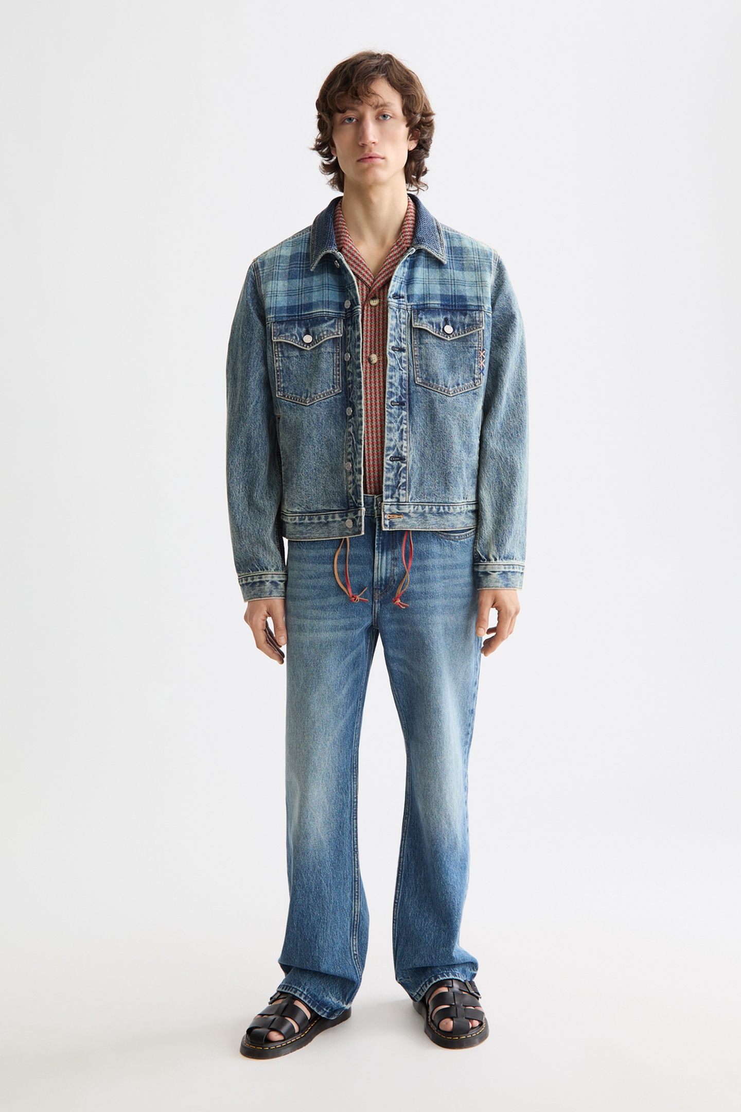 Scotch & Soda Denim Trucker Jacket With Contrast Check Panelling Great Out Maat: S | Spijkerjassen Outlet | Heren | Blauw