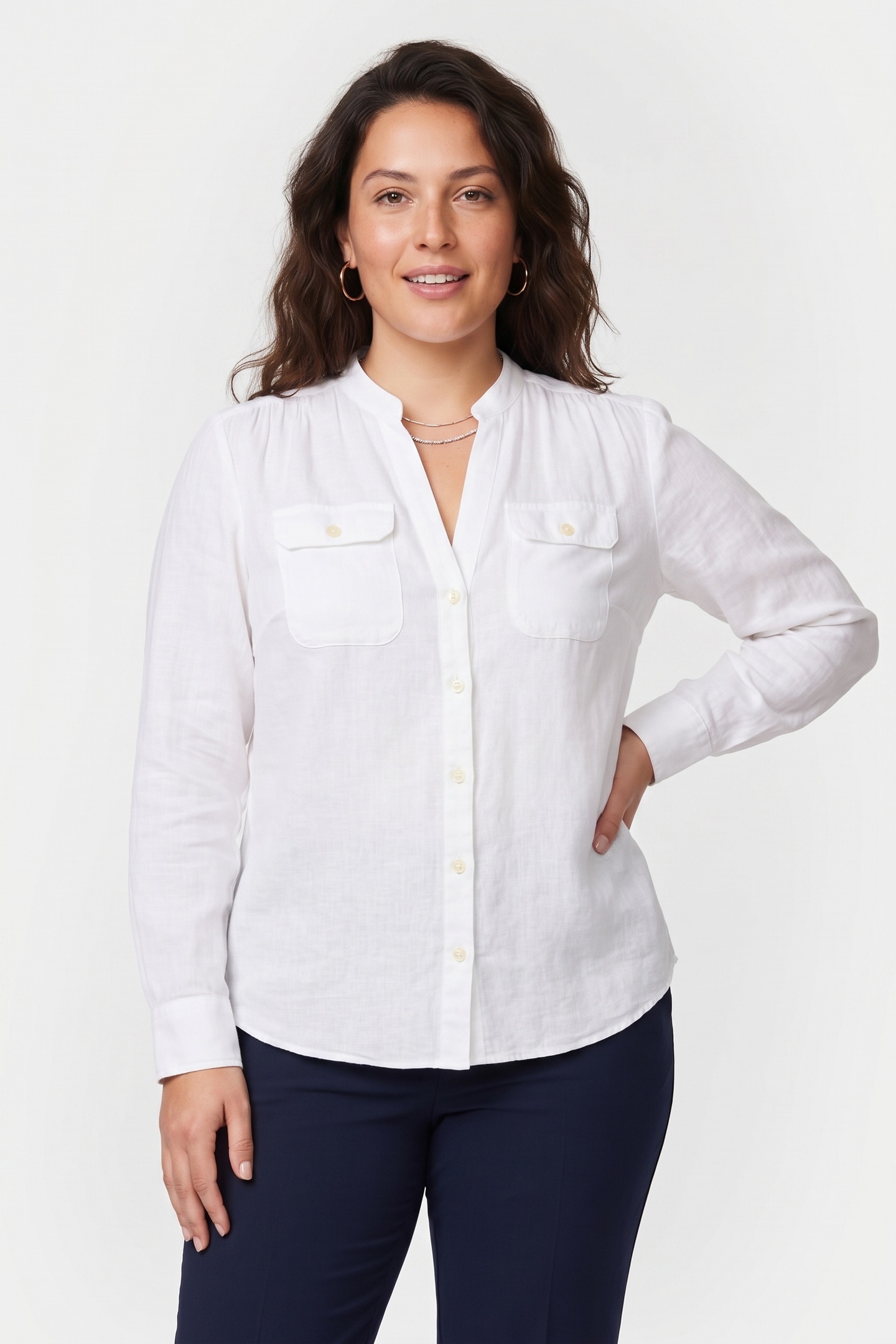 Brooks Brothers Corean Collar Shirt Linen White Maat: XL | Longsleeves Outlet | Dames | Wit