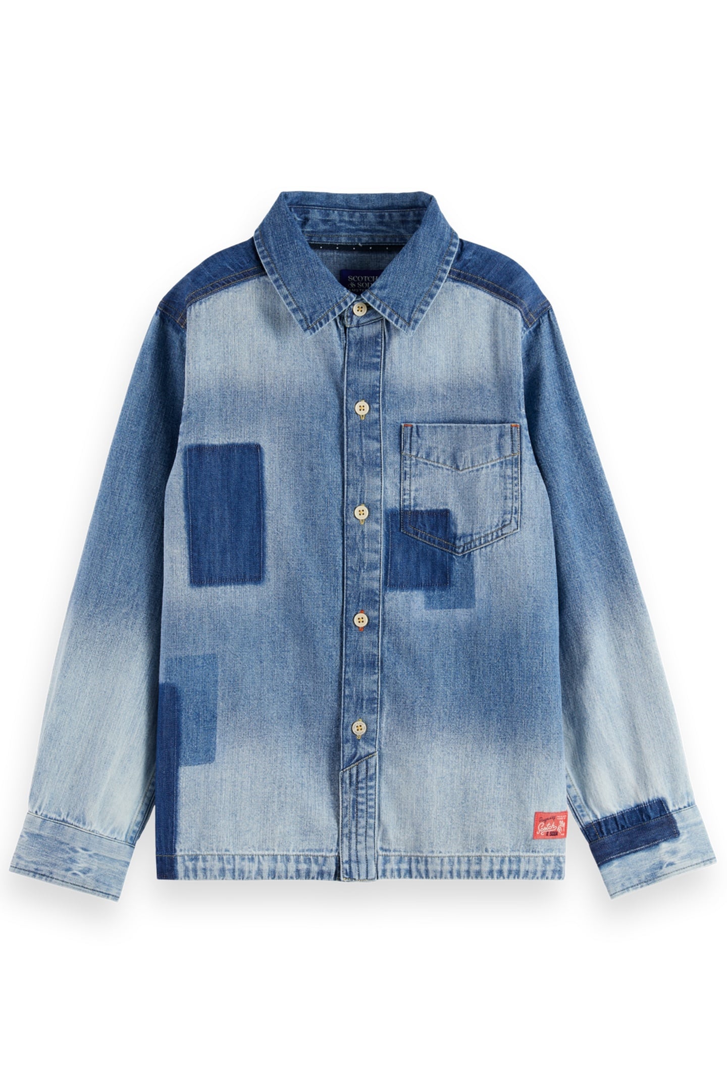 Scotch & Soda Boy Denim Washed Patchwork Overshirt Art From The Heart Maat: 10 | Overhemden Outlet | kids | Blauw