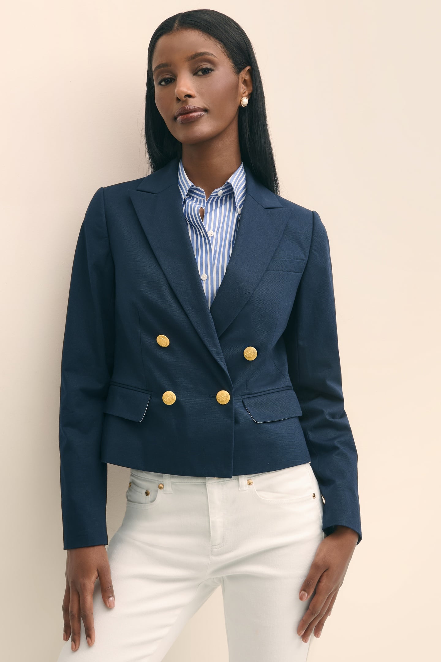Brooks Brothers Cropped Double-breasted Faille Blazer Navy Maat: 2 | Blazers Outlet | Dames | Blauw