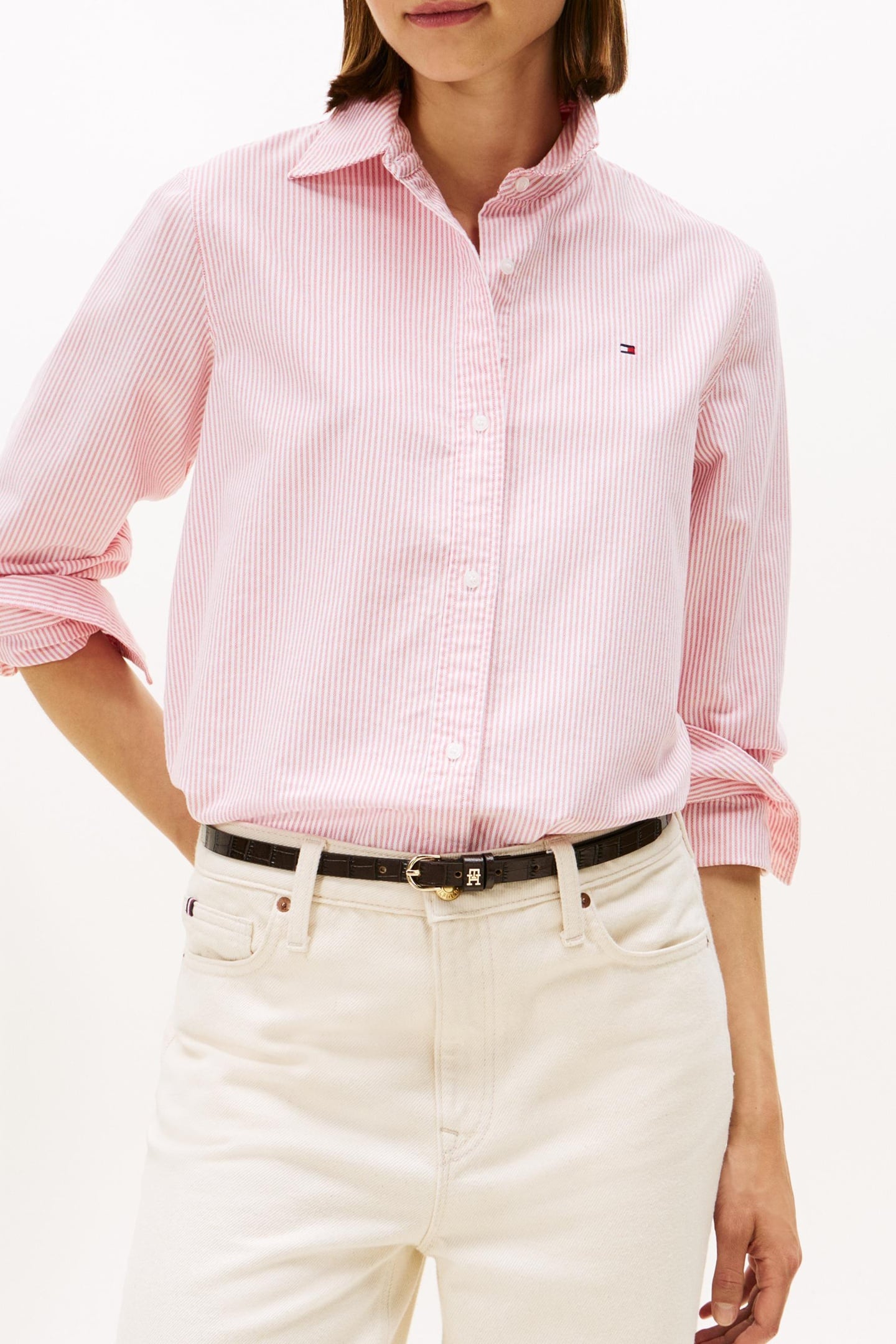 Tommy Hilfiger Oxford Relaxed Fit Shirt Classic Ithaca/ Primary Red Maat: 38 | Longsleeves Outlet | Dames | Roze