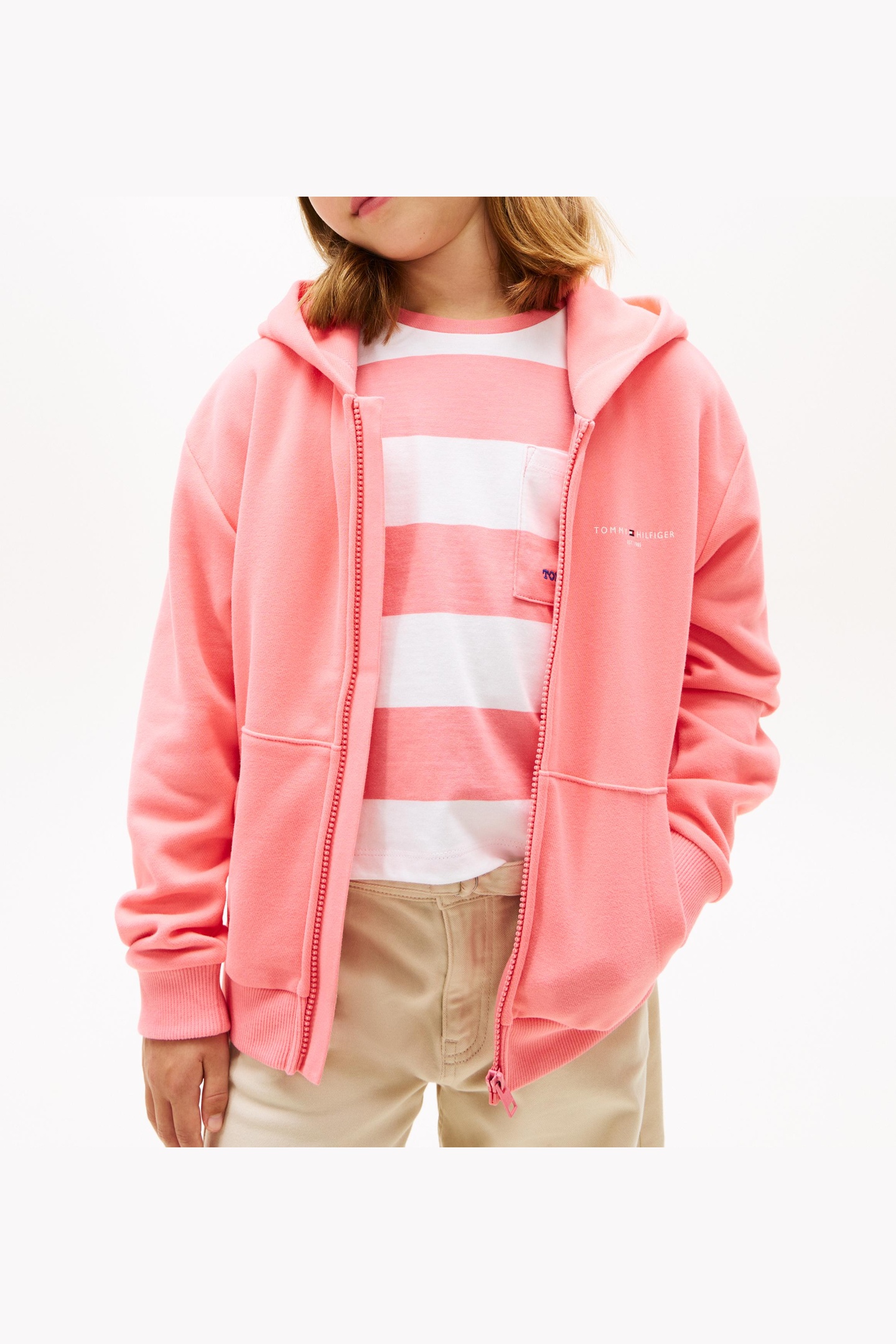 Tommy Hilfiger Unisex Mini Zip Through Hoodie Tropical Blush Maat: 16 | Sportkleding Outlet | Unisex | Roze