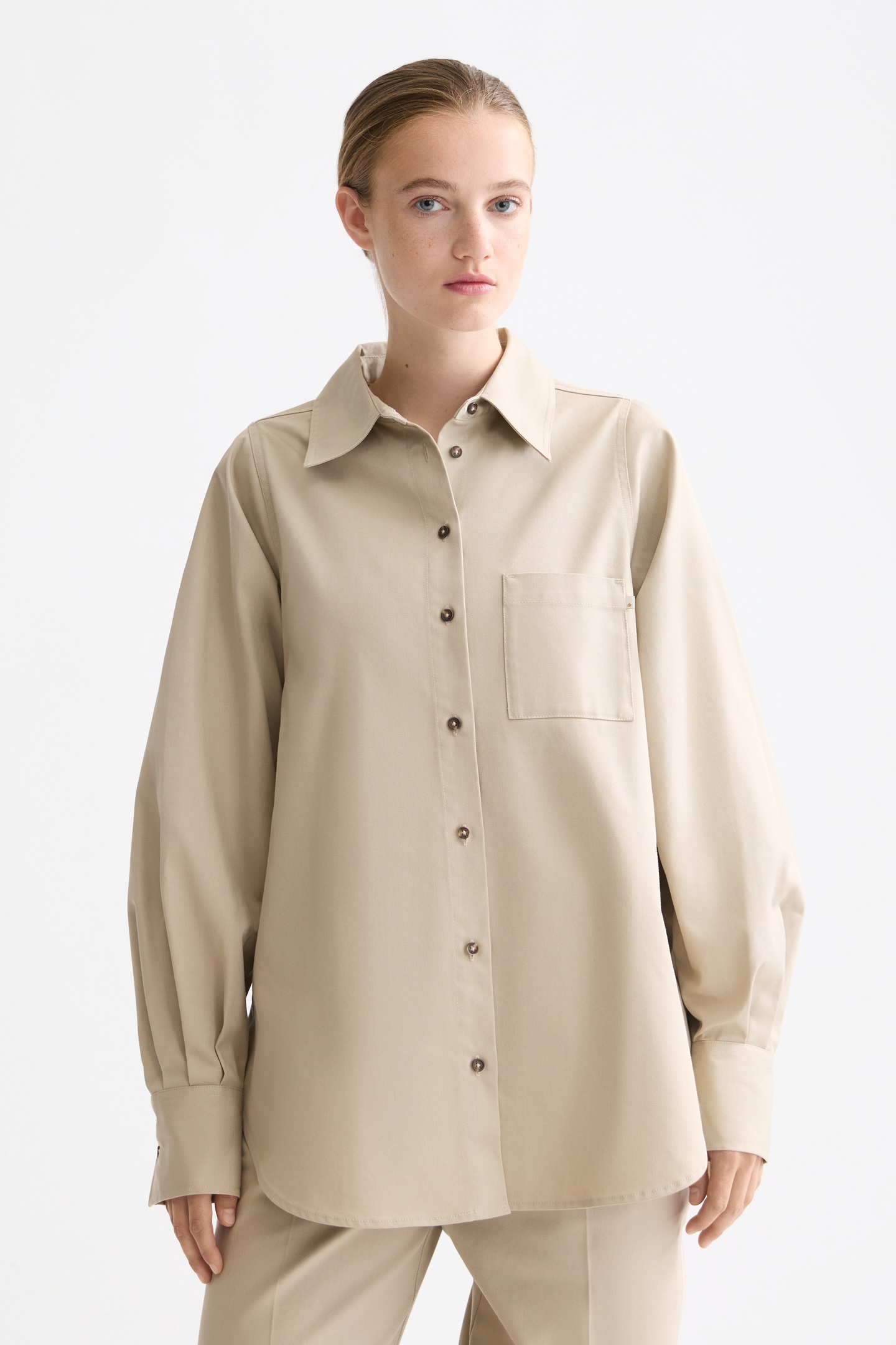 Scotch & Soda Shirt With Contrast Stitching Plaza Taupe Maat: 40 | Longsleeves Outlet | Dames | Beige
