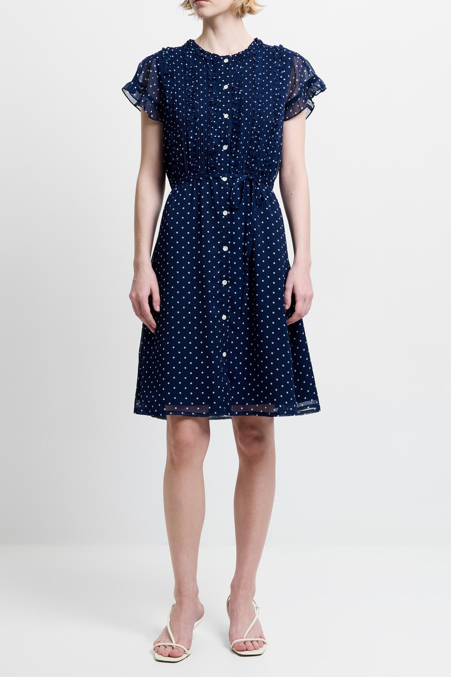 French Connection Polka Ruffle Dress K Navy/summer White Maat: 8 | Blousejurken Outlet | Dames | Blauw