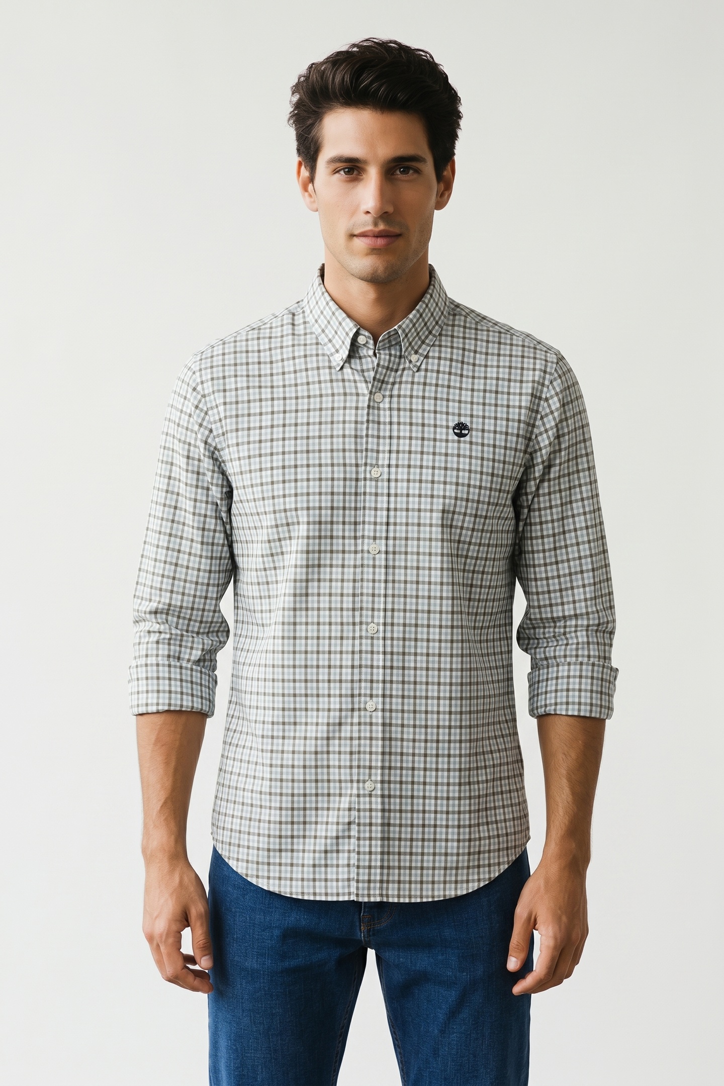 Timberland Stretch Poplin Gingham Shirt Silver Blue Yd Maat: XL | Casual Overhemden Outlet | Heren | Blauw