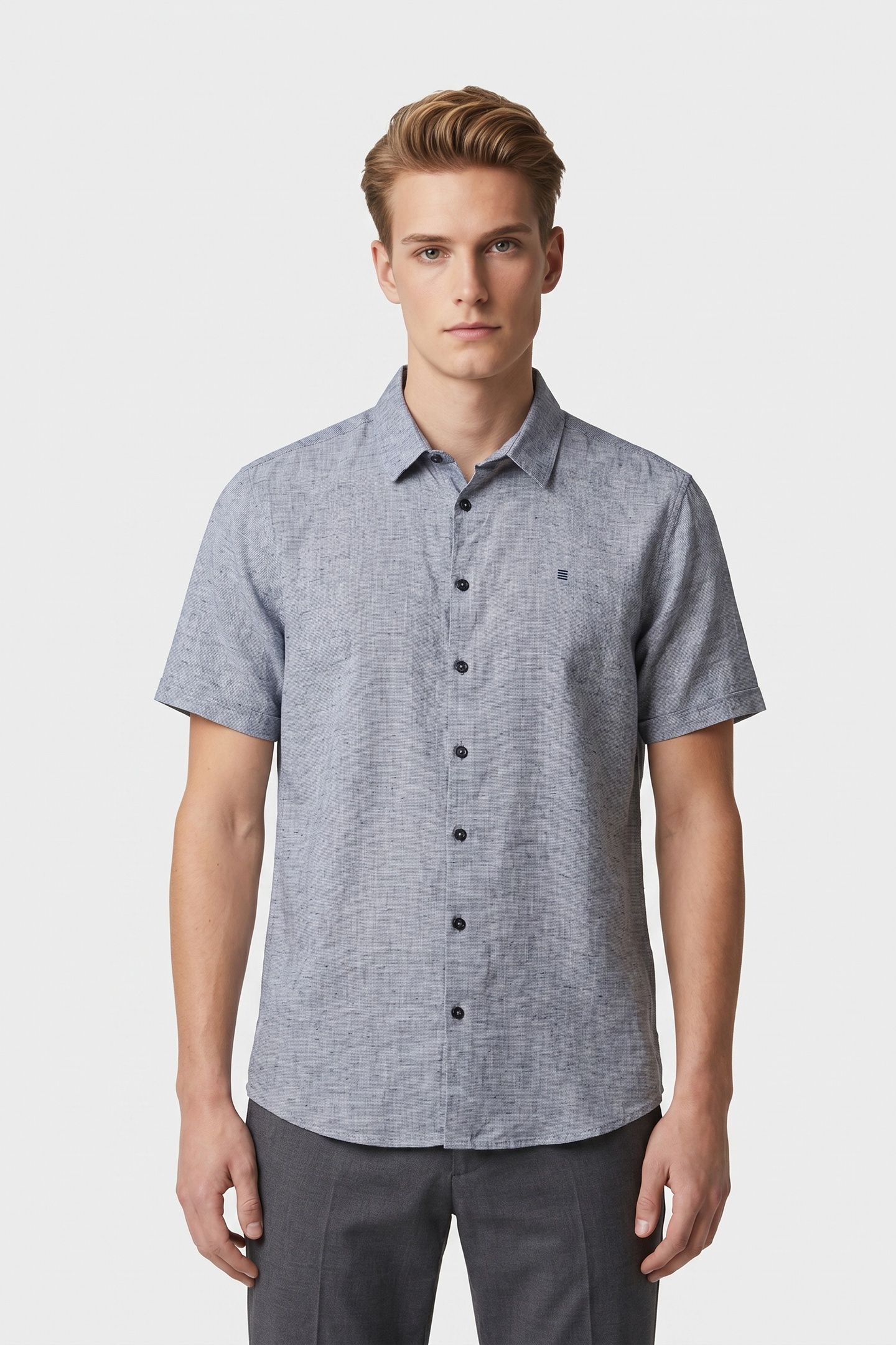 No Excess Shirt Short Sleeve 2 Coloured Melange With Linen Indigo Blue Maat: L | Casual Overhemden Outlet | Heren | Grijs