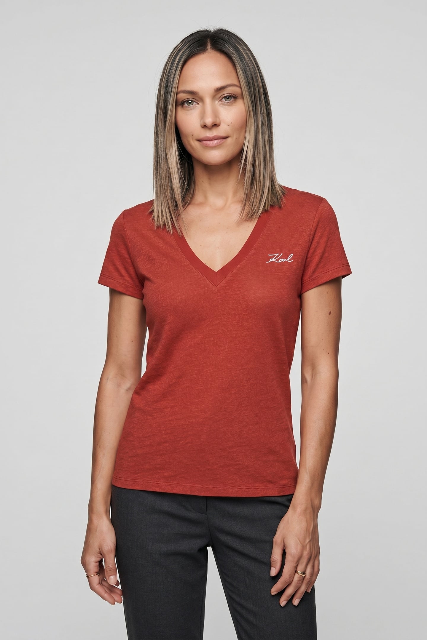 Karl Lagerfeld Linen Blend V-neck T-shirt Cinnabar Maat: S | Tops Outlet | Dames | Wit
