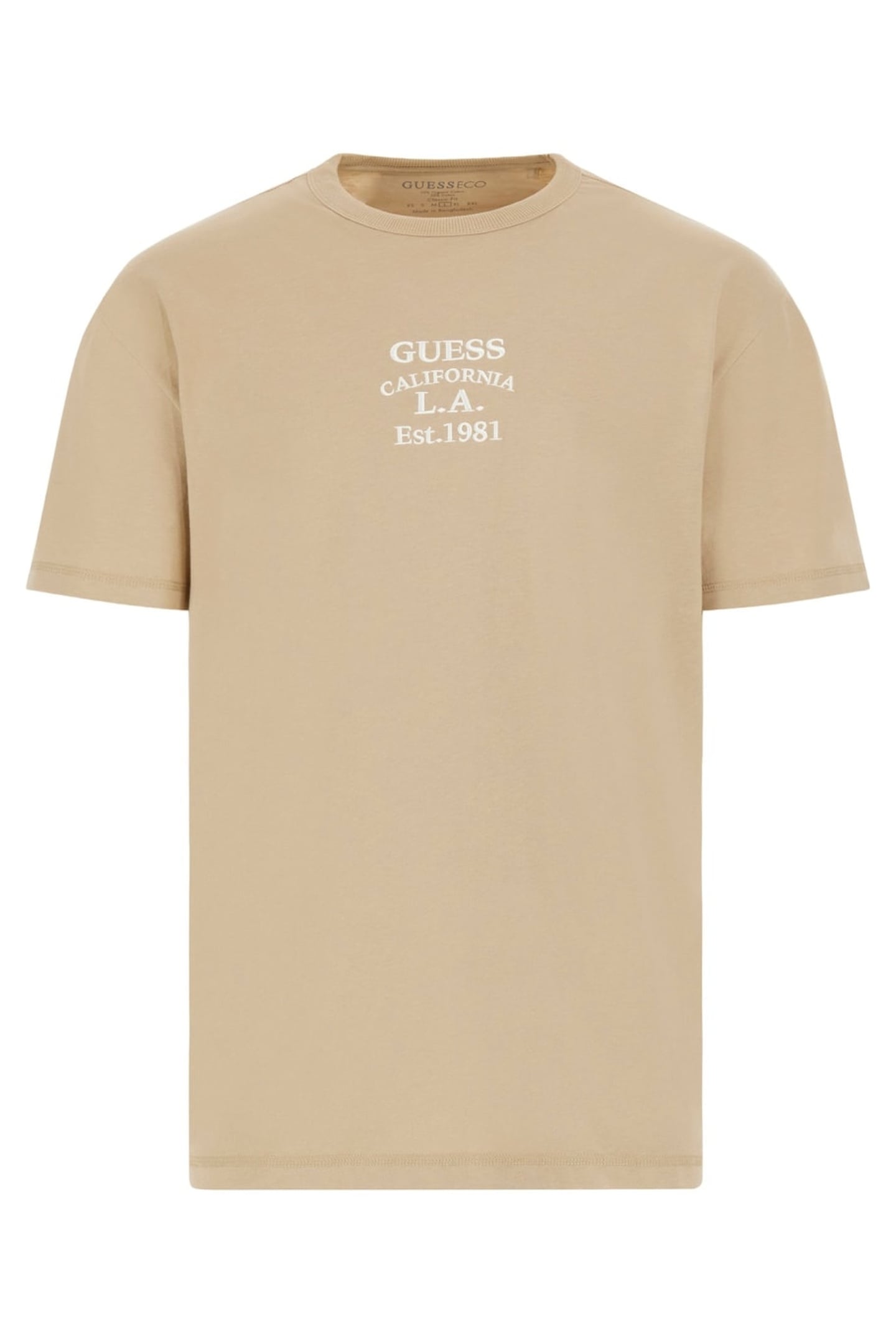GUESS  Eco Ss Cn Over Embro Tee Neutral Sand Maat: XL | Basic T-Shirts Outlet | Heren | Beige