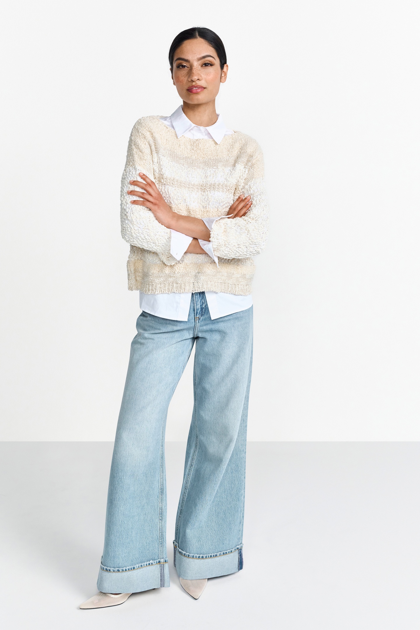 Rich & Royal Boat Neck Pullover Yarn Mix Stripe Pearl White Maat: S | Sweaters Outlet | Dames | Wit