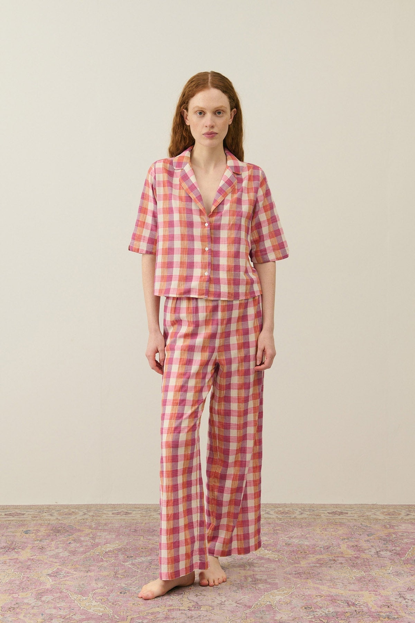 Louise Misha Pajamas Set Louka Cream Sunset Checks Maat: S | Wijde Broeken Outlet | Dames | Roze