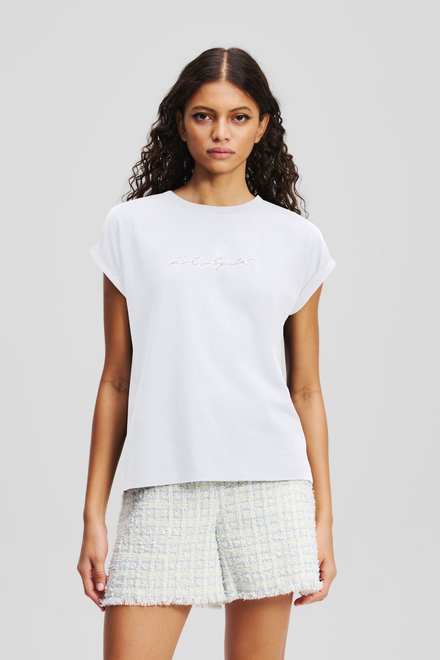 Karl Lagerfeld Signature Rhinestone T-shirt White Maat: XS | Tops Outlet | Dames | Wit