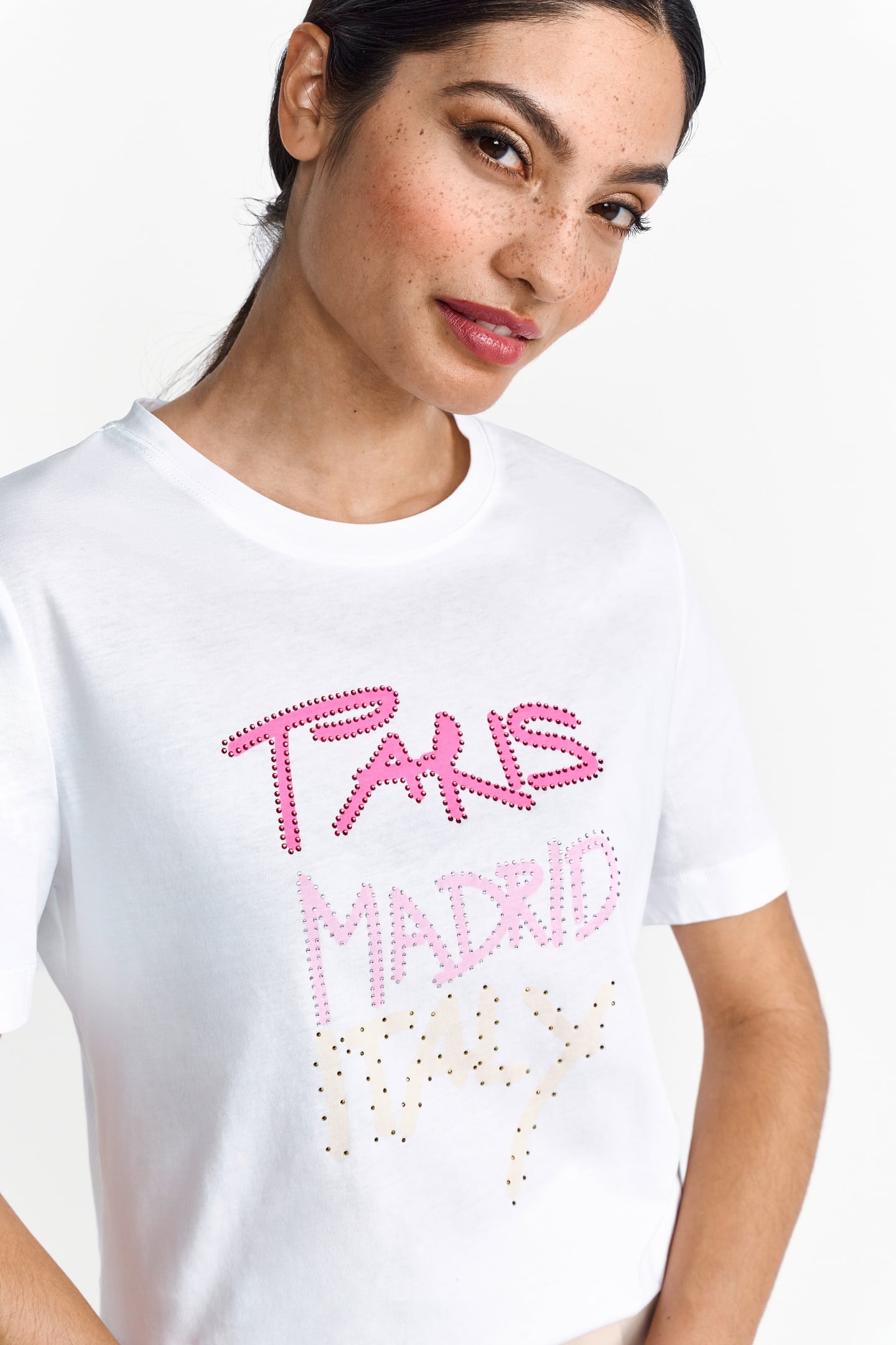 Rich & Royal Elegant Fit T-shirt Paris Madrid Italy White Maat: XS | Tops Outlet | Dames | Wit