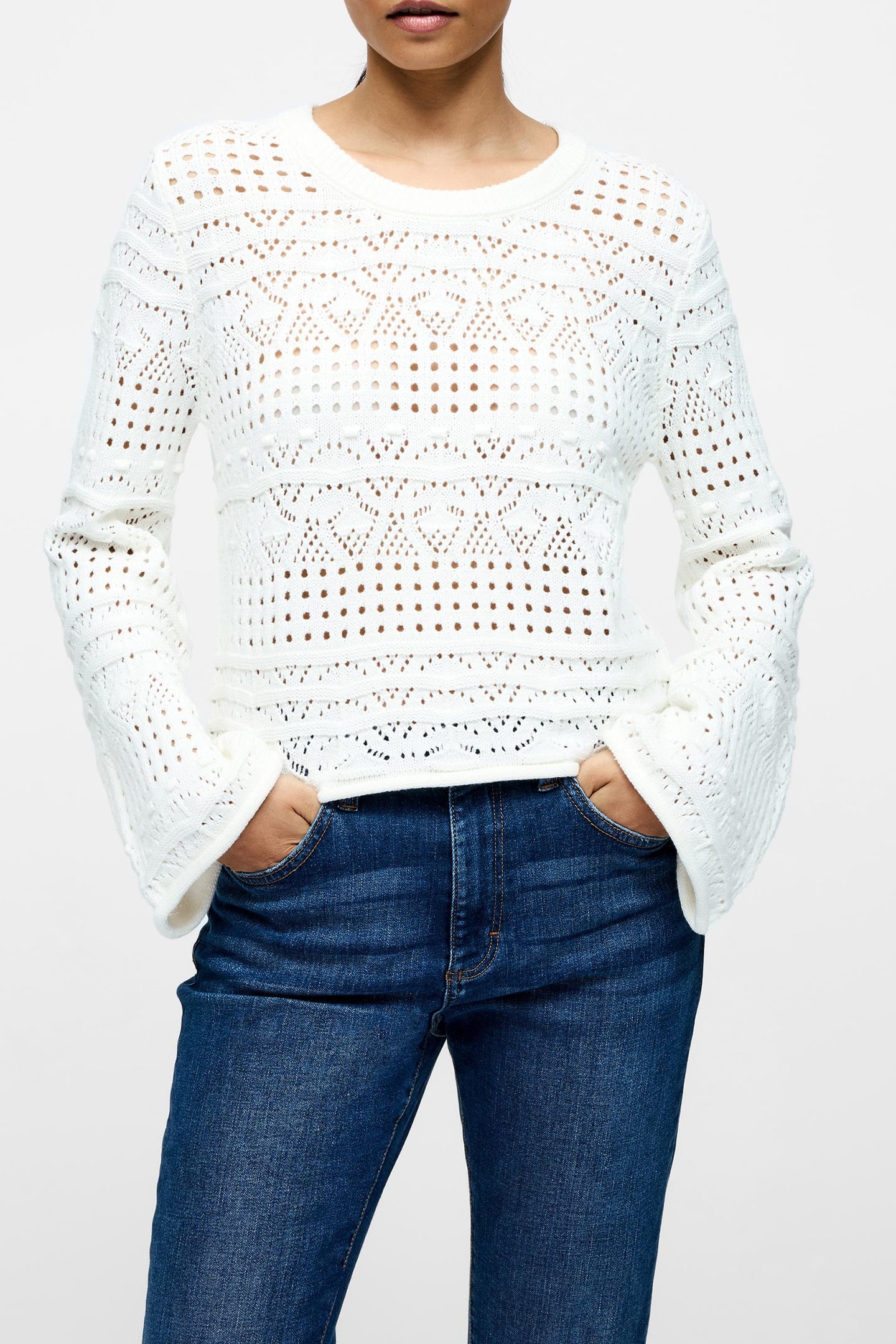 French Connection Crochet Bobble Knit Summer White Maat: L | Longsleeves Outlet | Dames | Wit