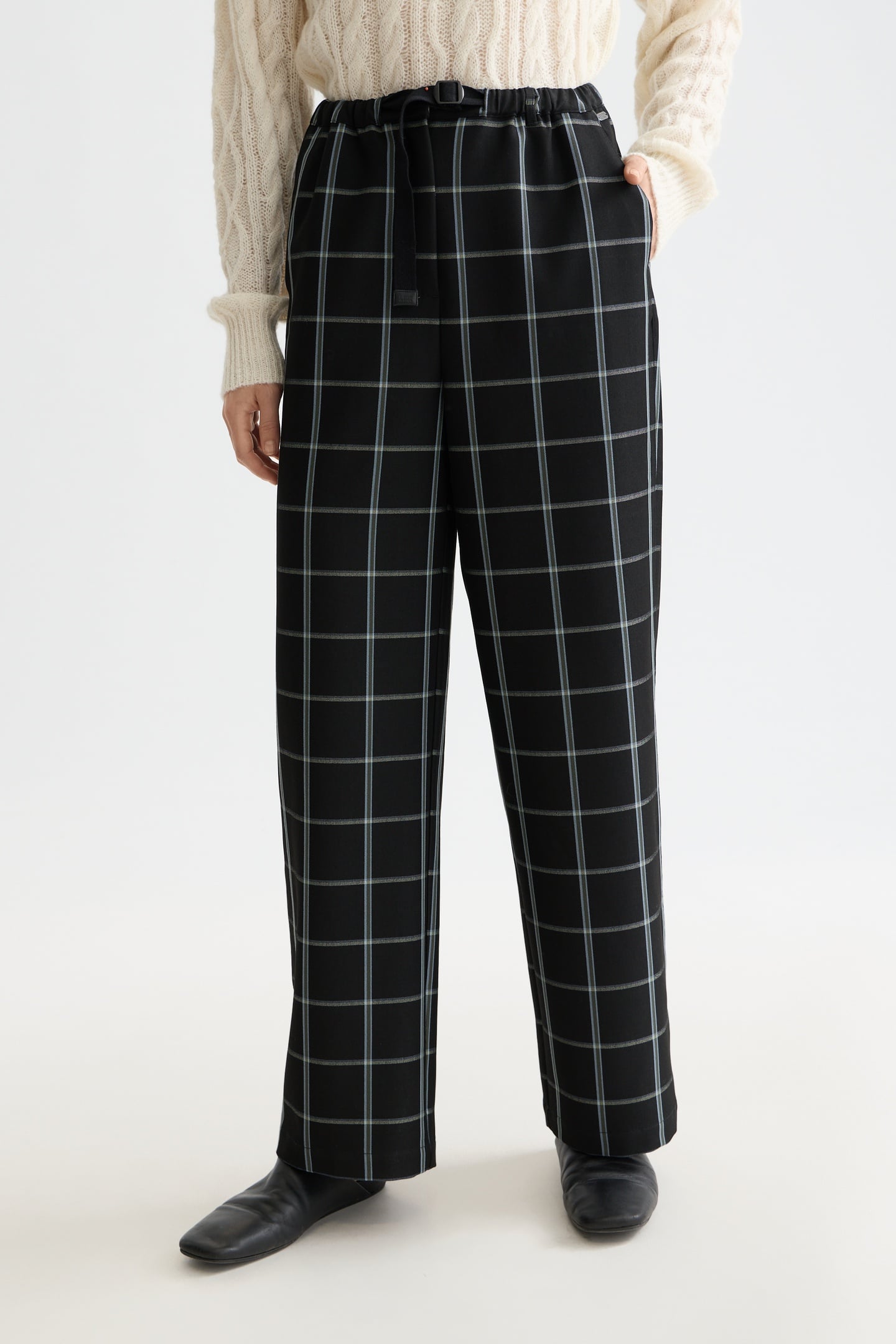 Scotch & Soda Ezra - High Rise Drawstring Pant Meteorite Window Pane Check Maat: XL | Wijde Broeken Outlet | Dames | Zwart