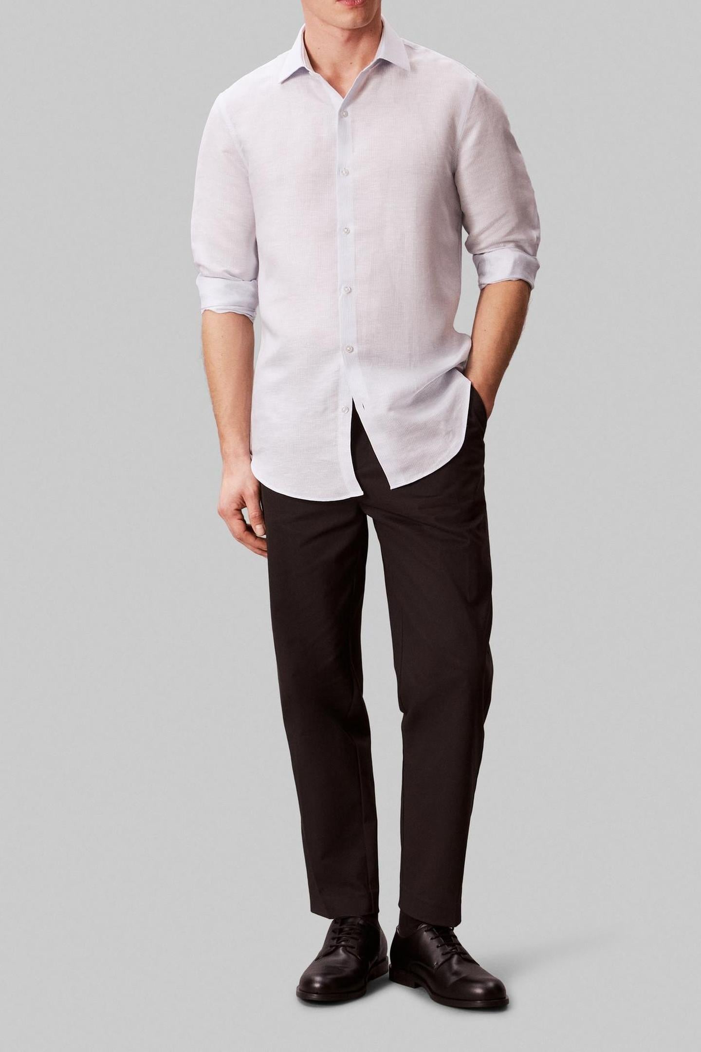 Calvin Klein Slim Ref Linen Shirt Blue Multi Maat: 39 | Casual Overhemden Outlet | Heren | Blauw