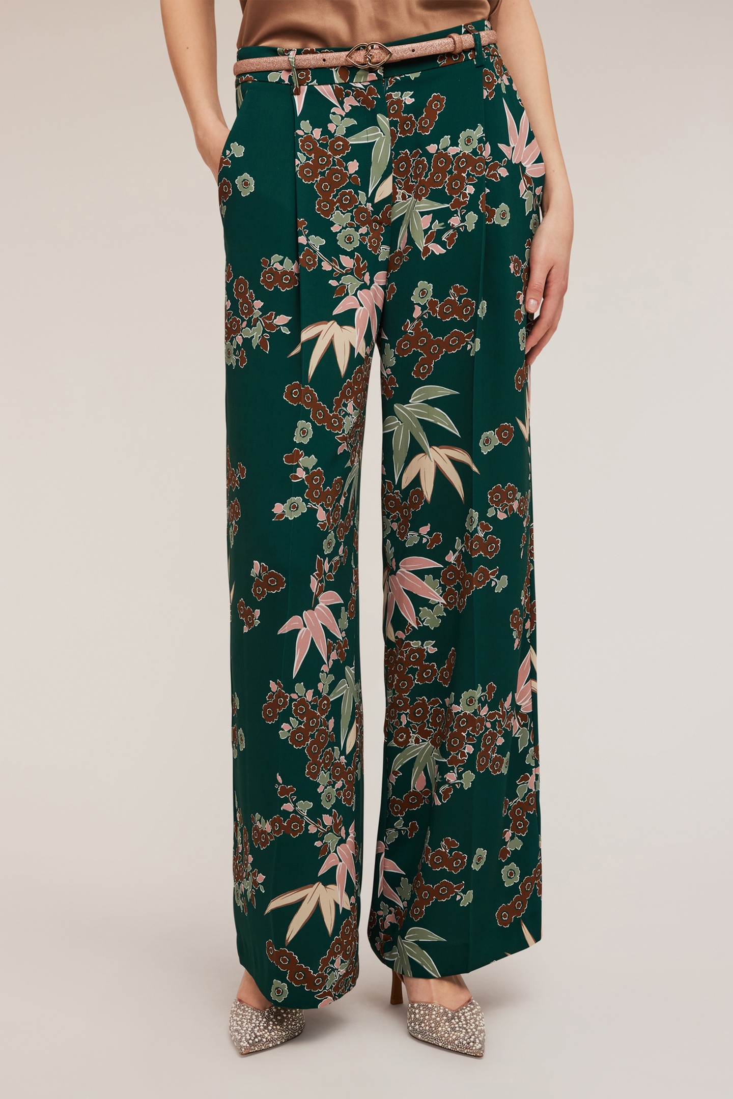 Motivi Decò Patterned Palazzo Trousers With Pleats Green Maat: 34 | Pantalons Outlet | Dames | Groen